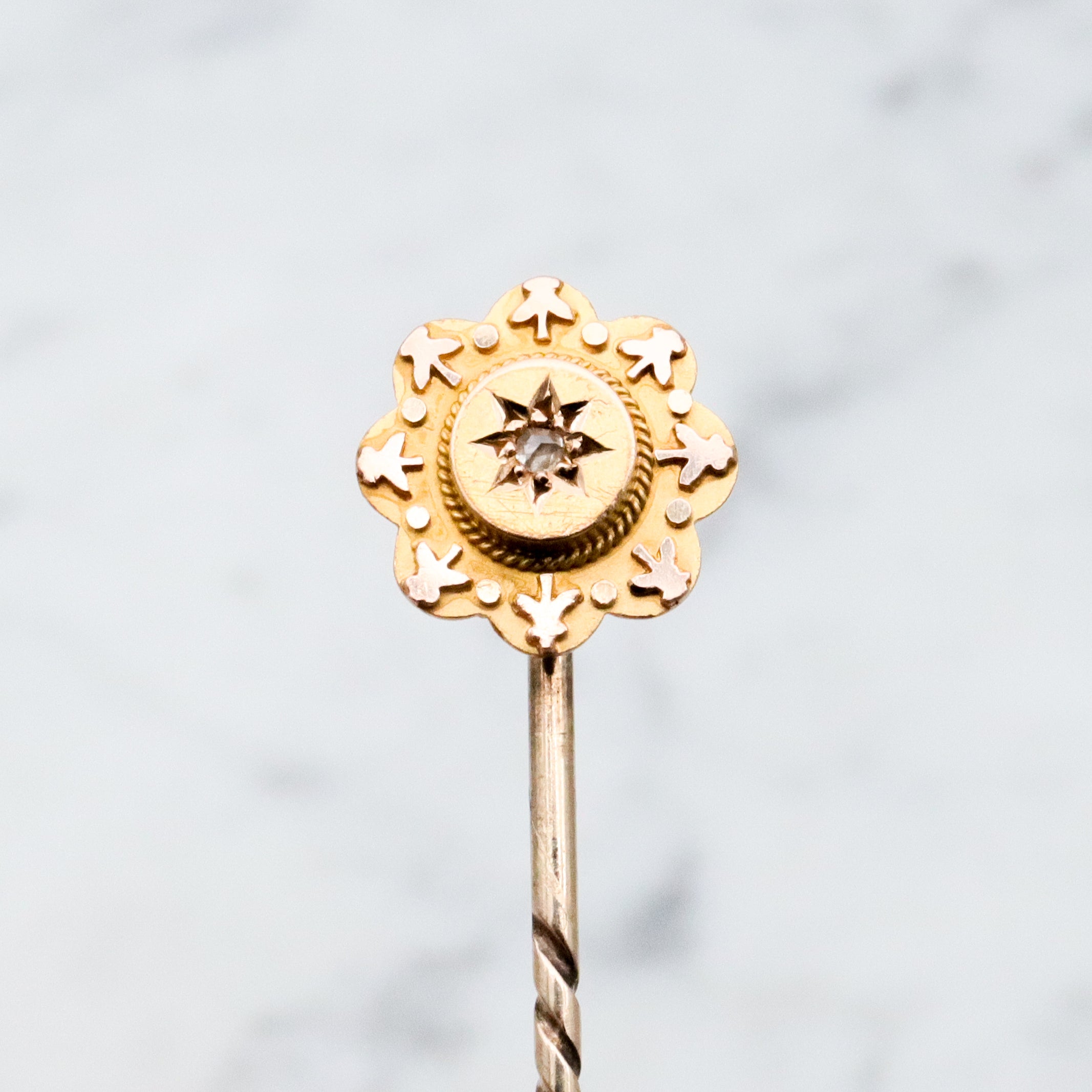 Antique Victorian Etruscan Revival 10k gold rose cut diamond flower stick pin