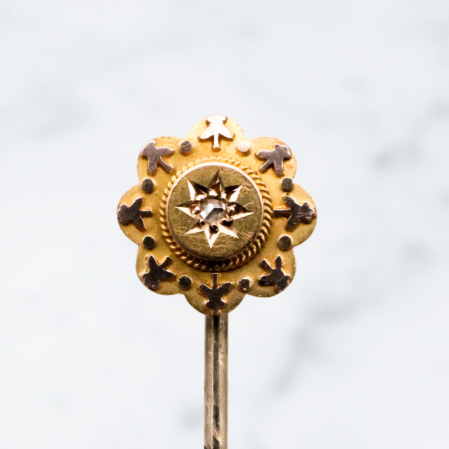 Antique Victorian Etruscan Revival 10k gold rose cut diamond flower stick pin