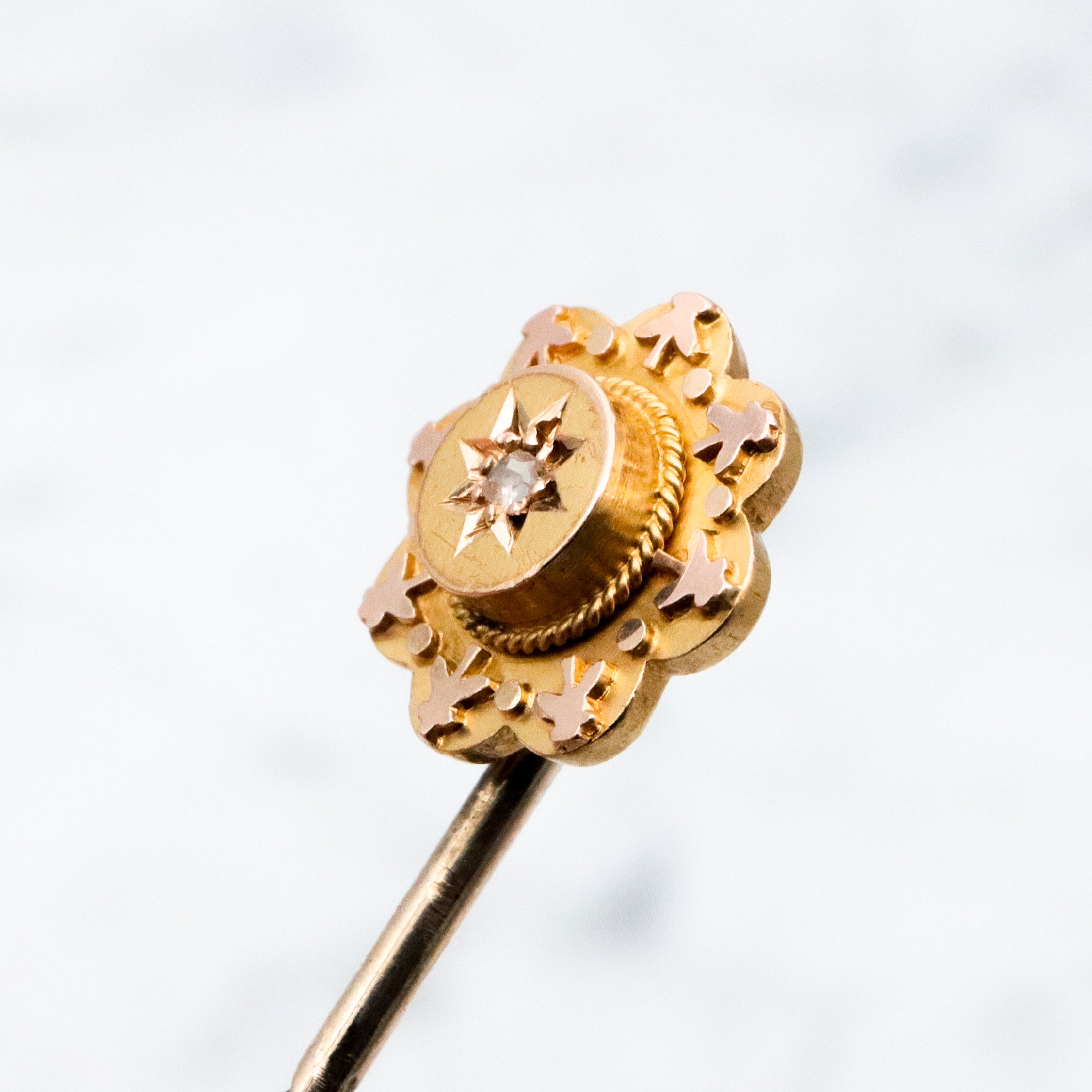 Antique Victorian Etruscan Revival 10k gold rose cut diamond flower stick pin
