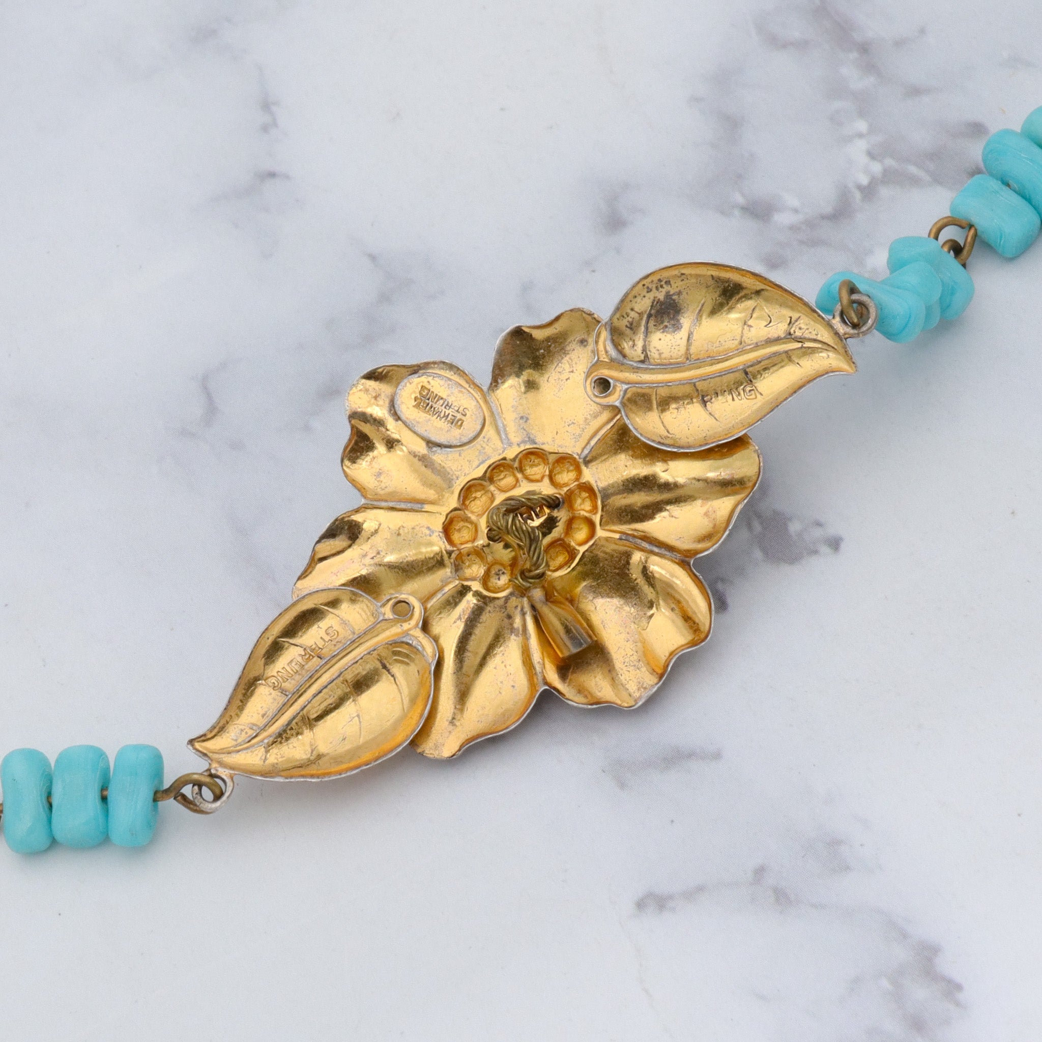 Antique rare J.A. Deknatel & Son Inc. gold washed sterling silver faux turquoise beaded bracelet