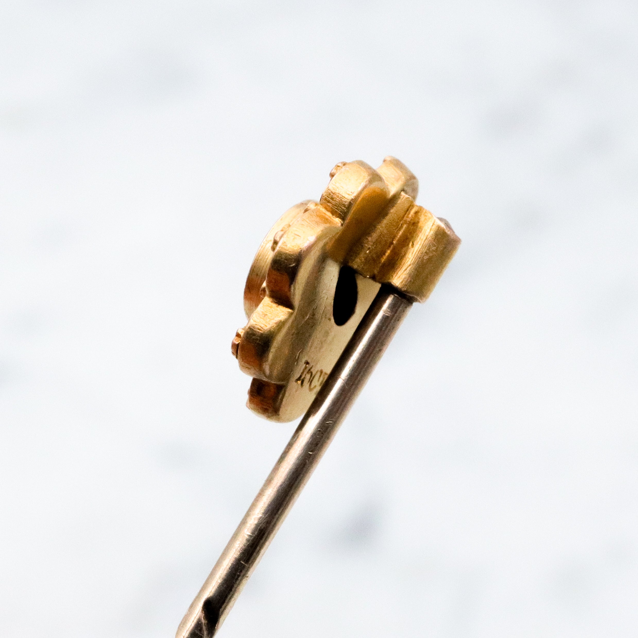 Antique Victorian Etruscan Revival 10k gold rose cut diamond flower stick pin
