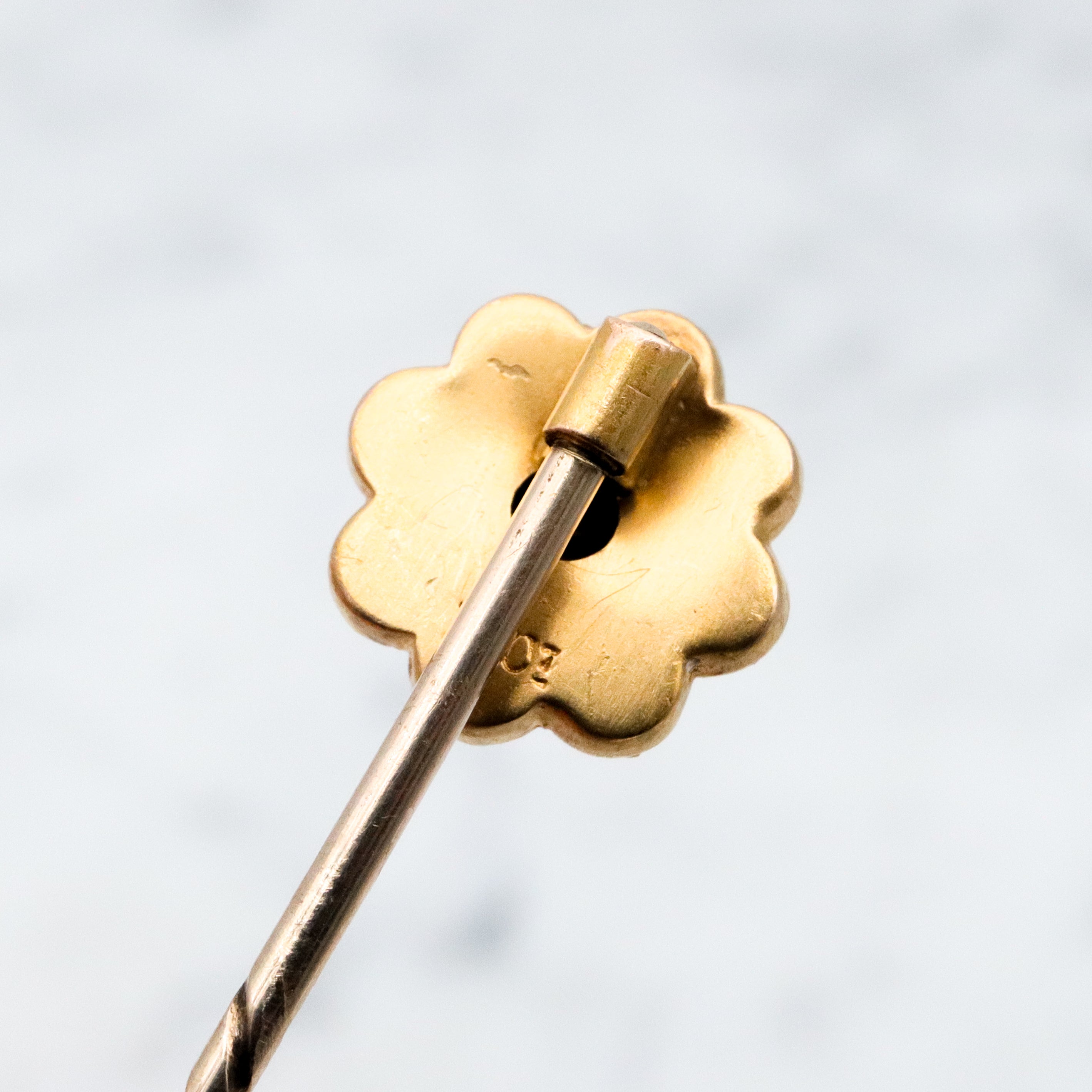 Antique Victorian Etruscan Revival 10k gold rose cut diamond flower stick pin