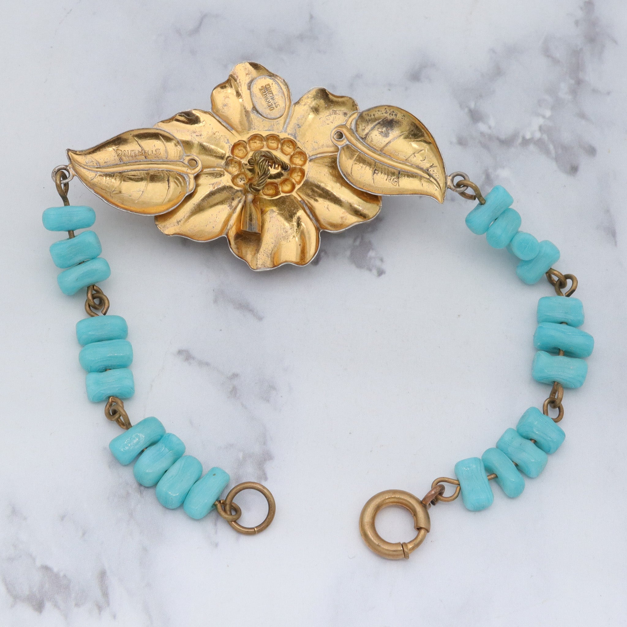 Antique rare J.A. Deknatel & Son Inc. gold washed sterling silver faux turquoise beaded bracelet