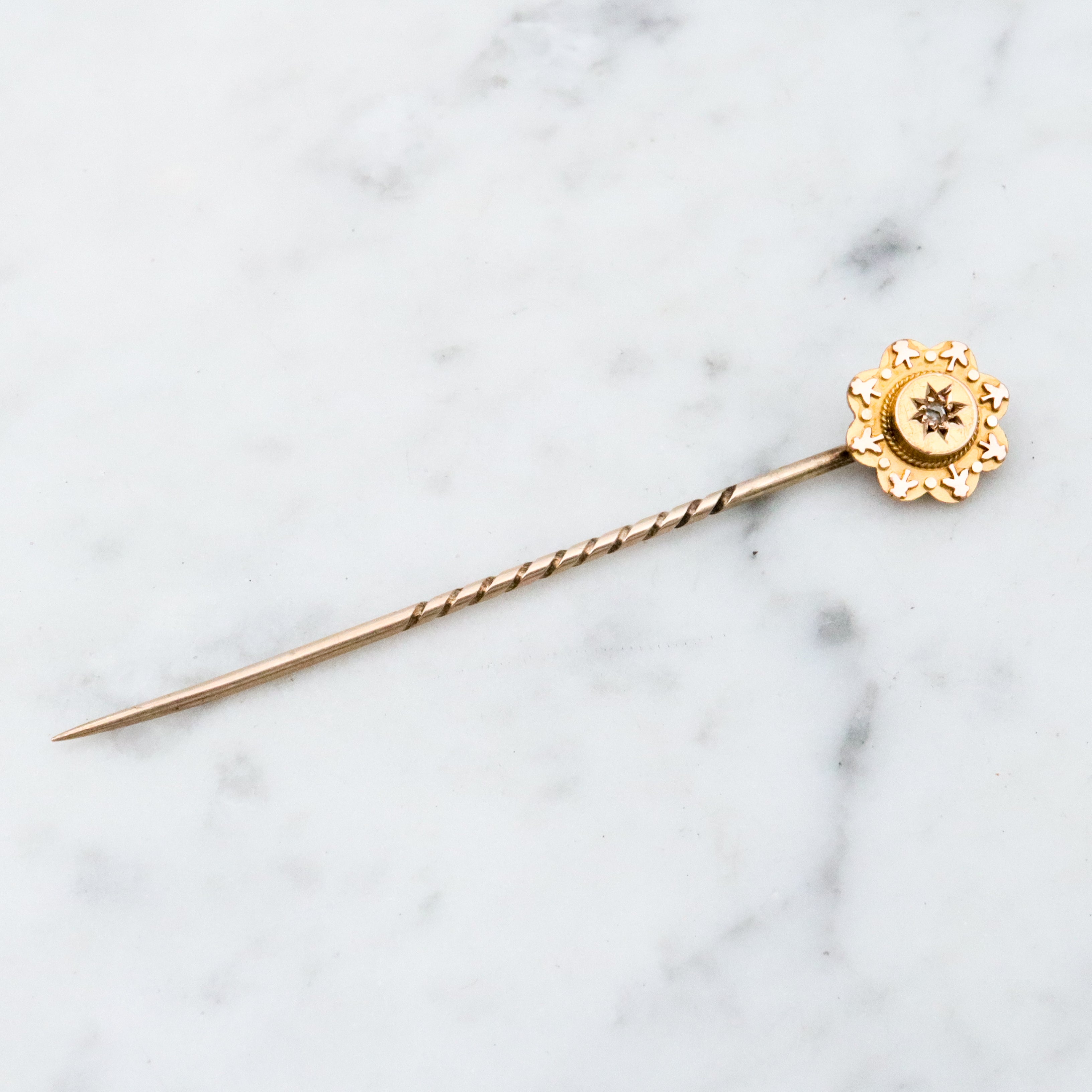 Antique Victorian Etruscan Revival 10k gold rose cut diamond flower stick pin