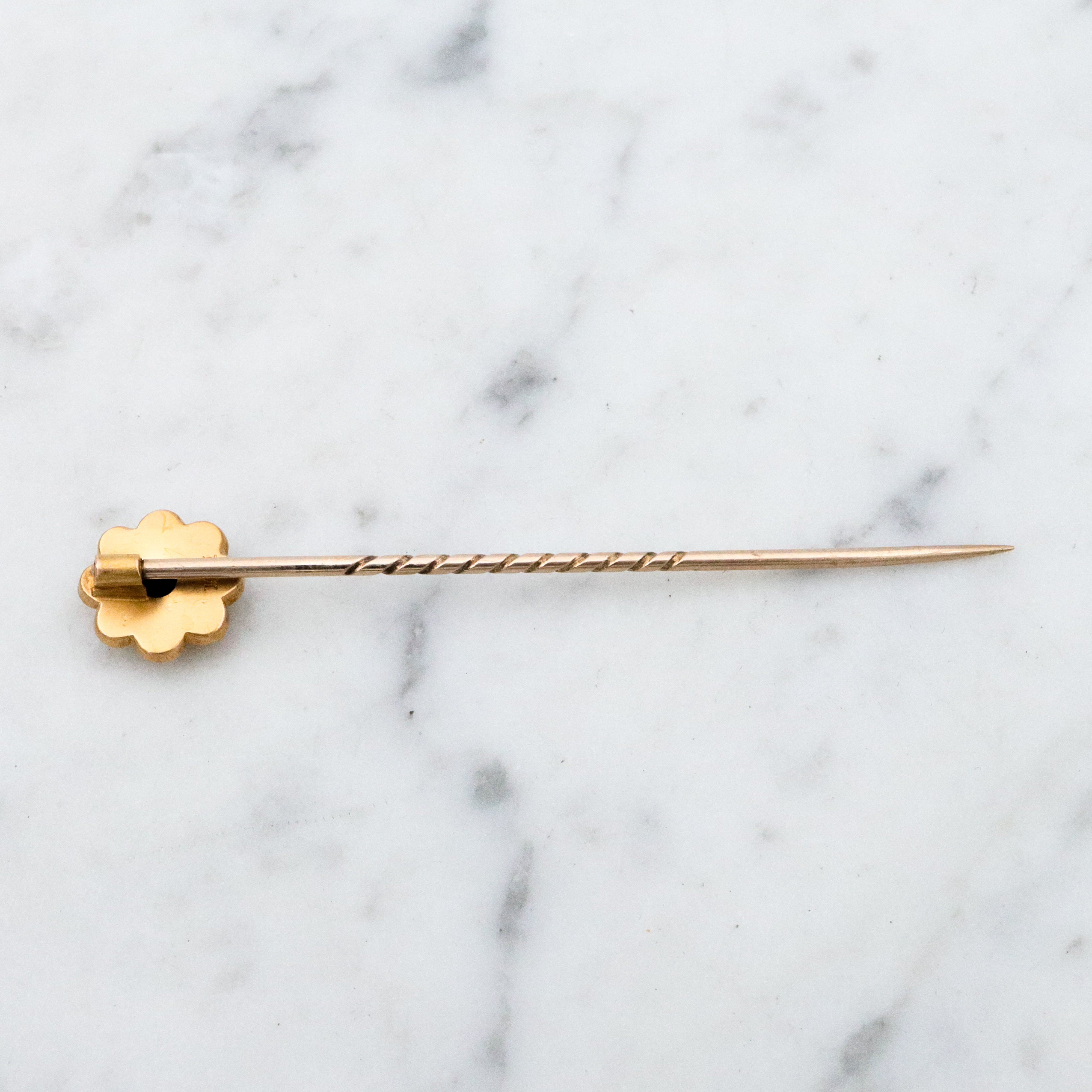 Antique Victorian Etruscan Revival 10k gold rose cut diamond flower stick pin