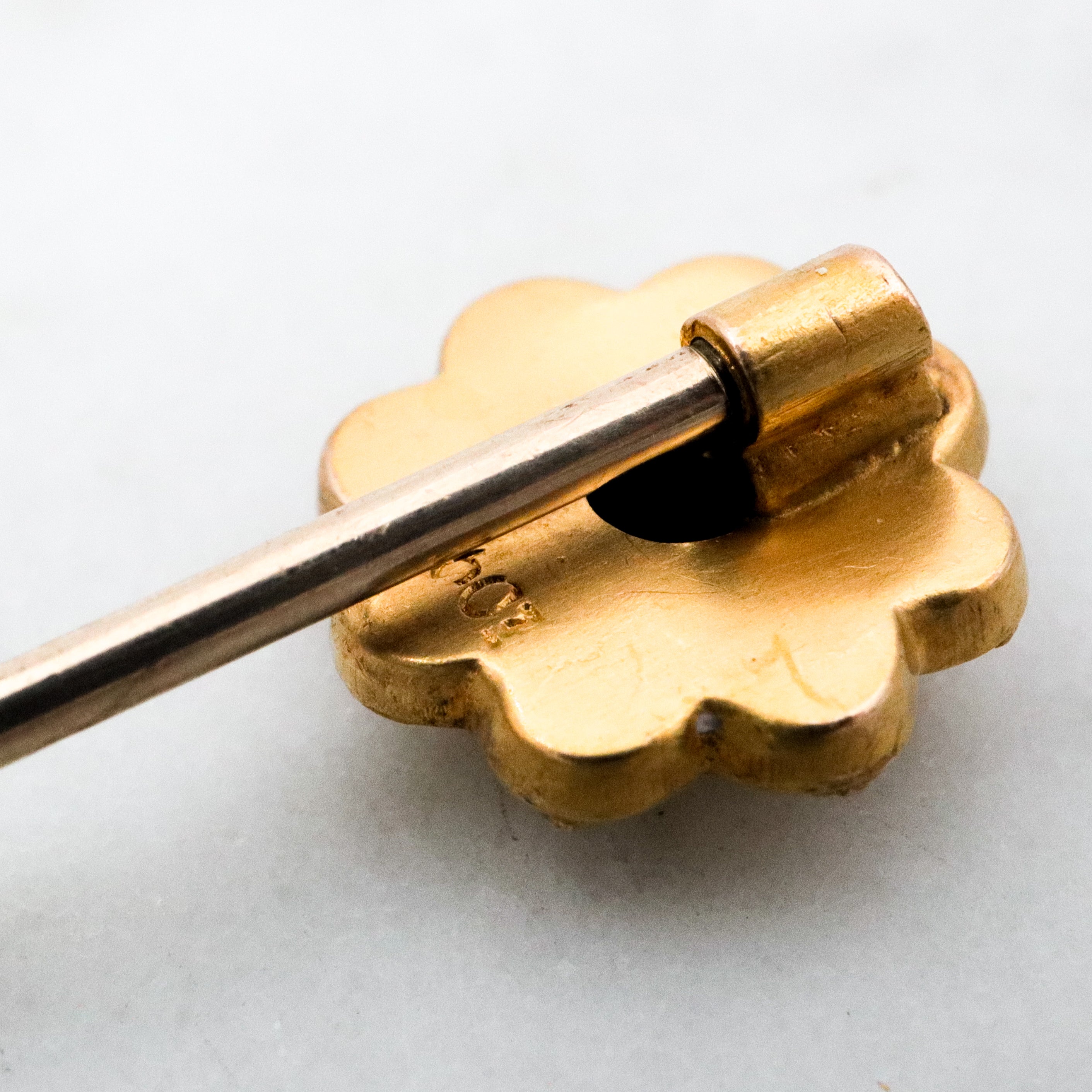 Antique Victorian Etruscan Revival 10k gold rose cut diamond flower stick pin