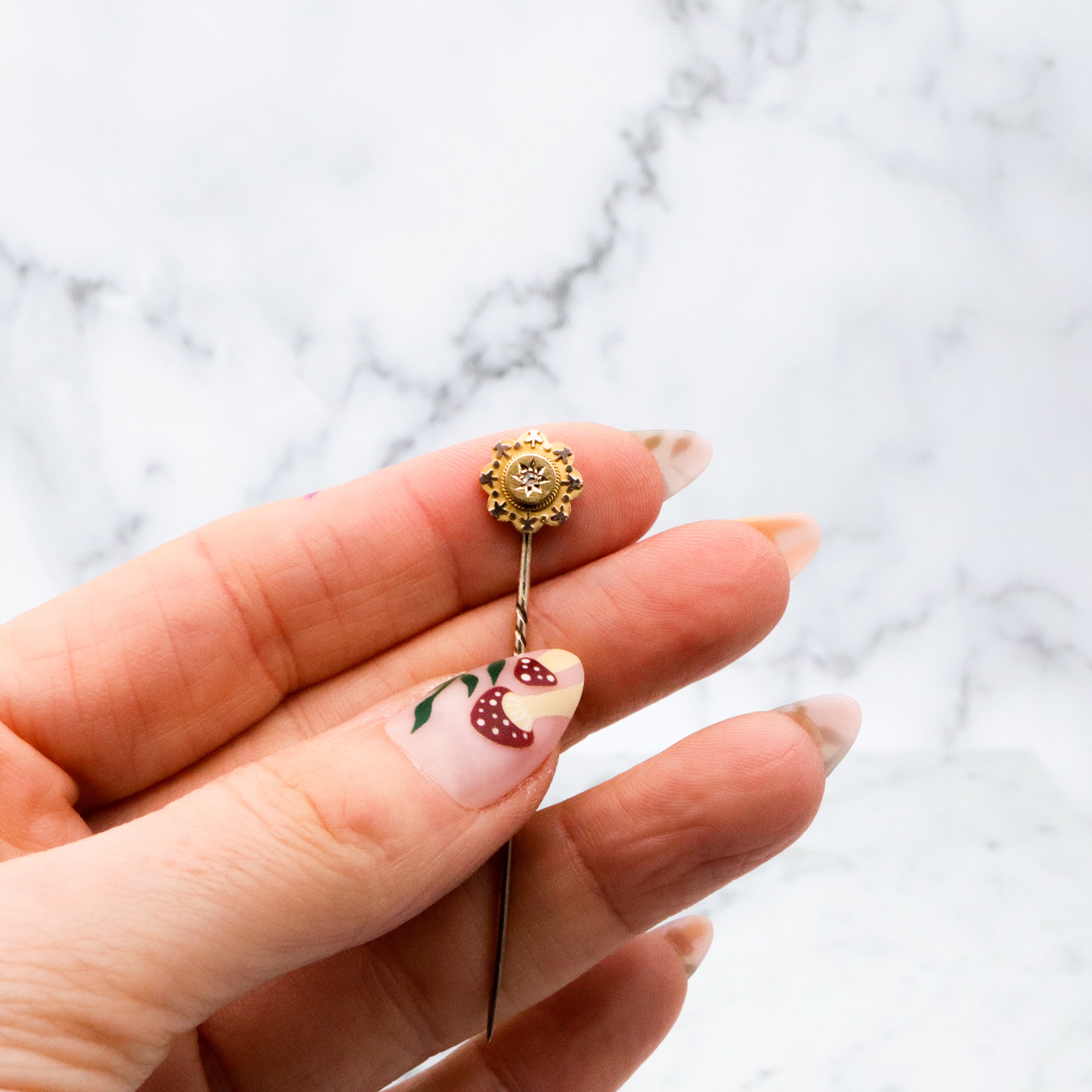 Antique Victorian Etruscan Revival 10k gold rose cut diamond flower stick pin