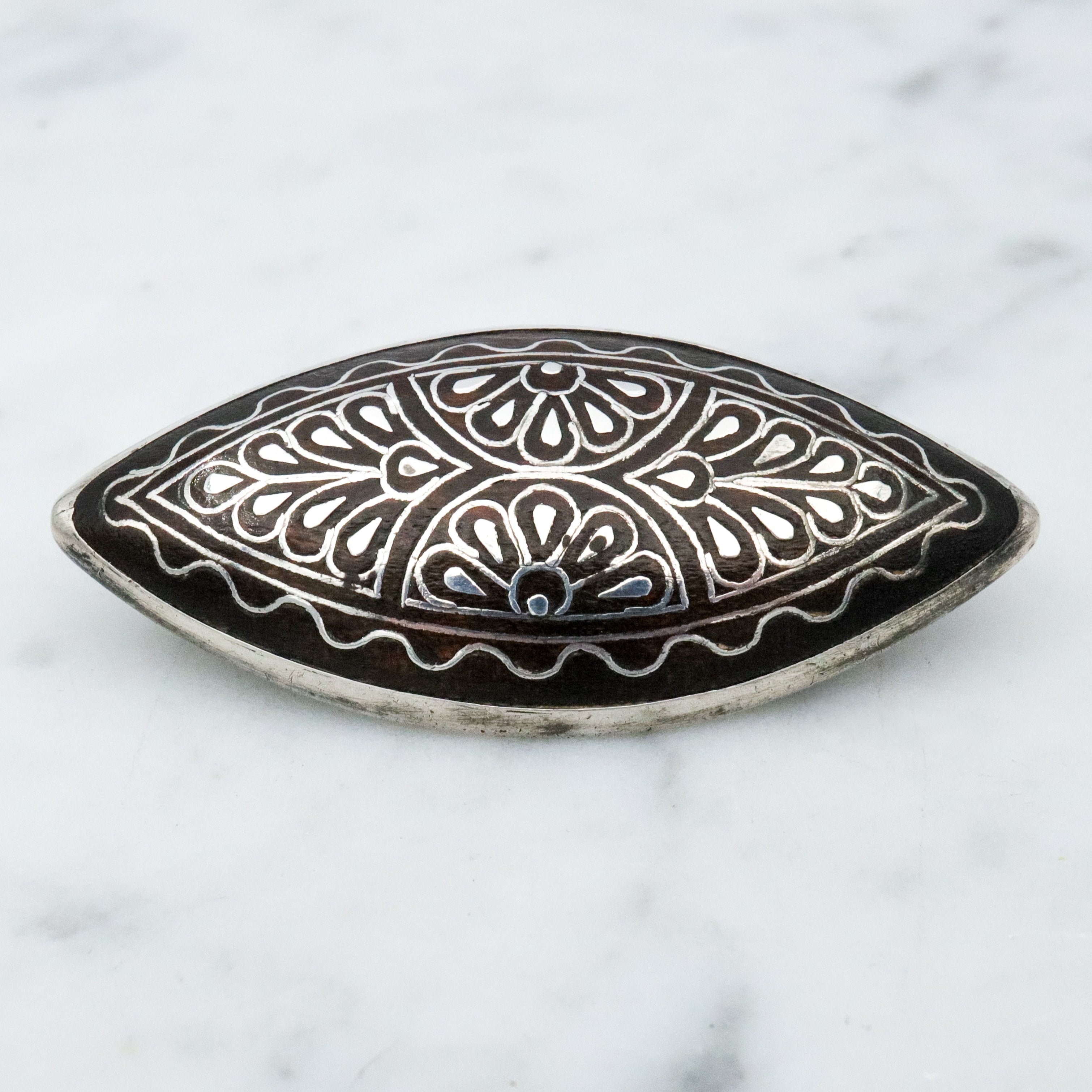 Antique Victorian silver inlaid wood elliptical brooch