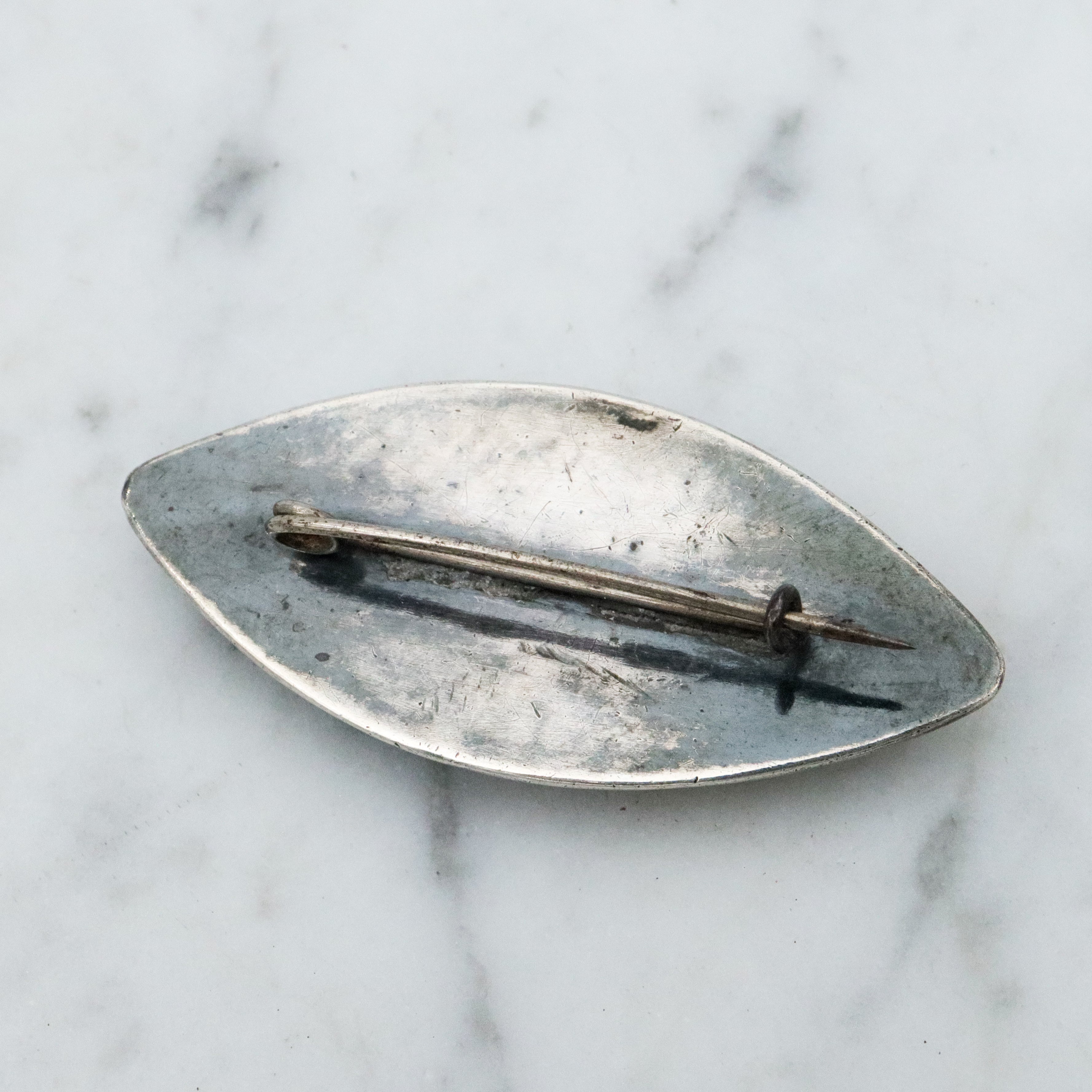 Antique Victorian silver inlaid wood elliptical brooch