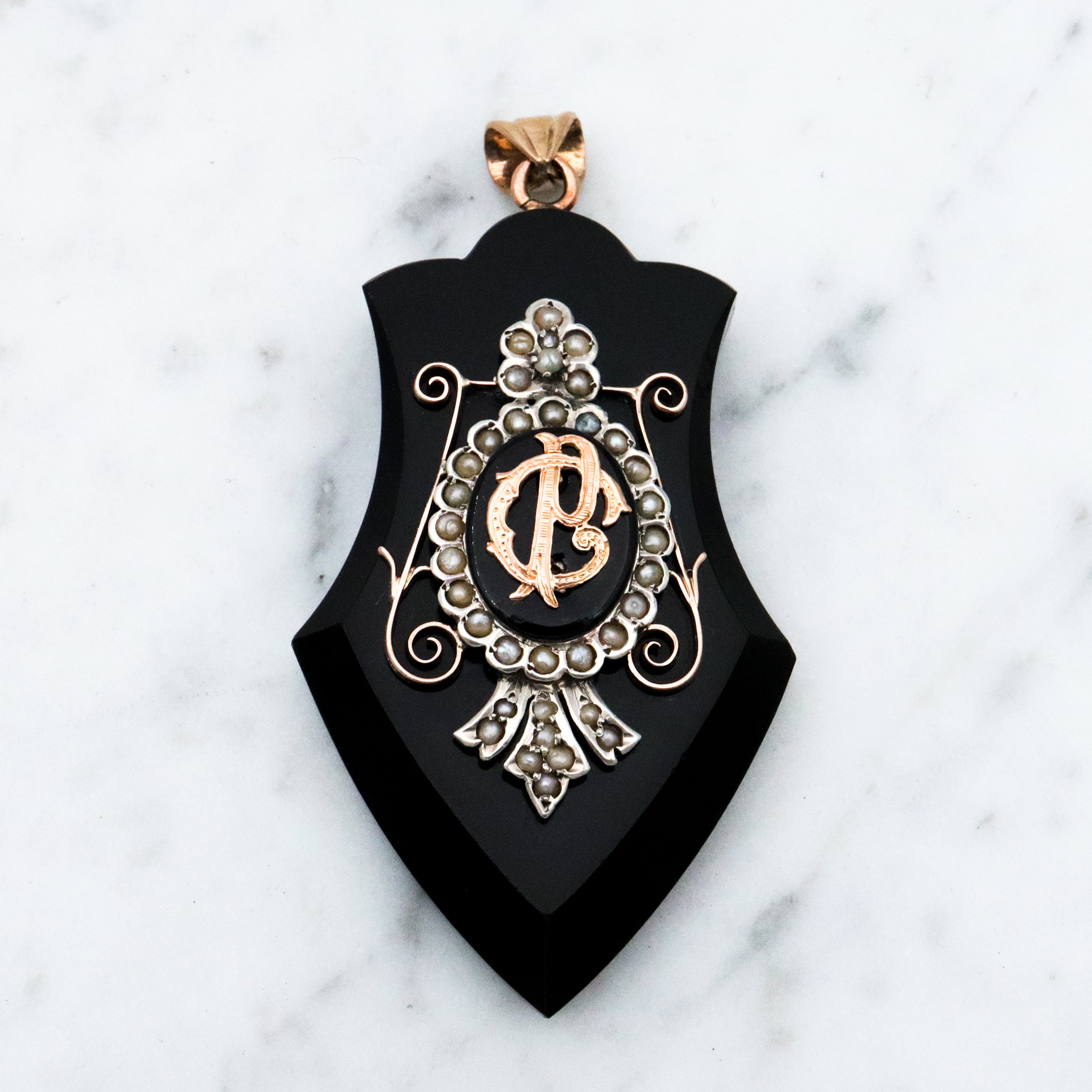 Antique Victorian onyx & pearl 14k gold mourning locket pendant