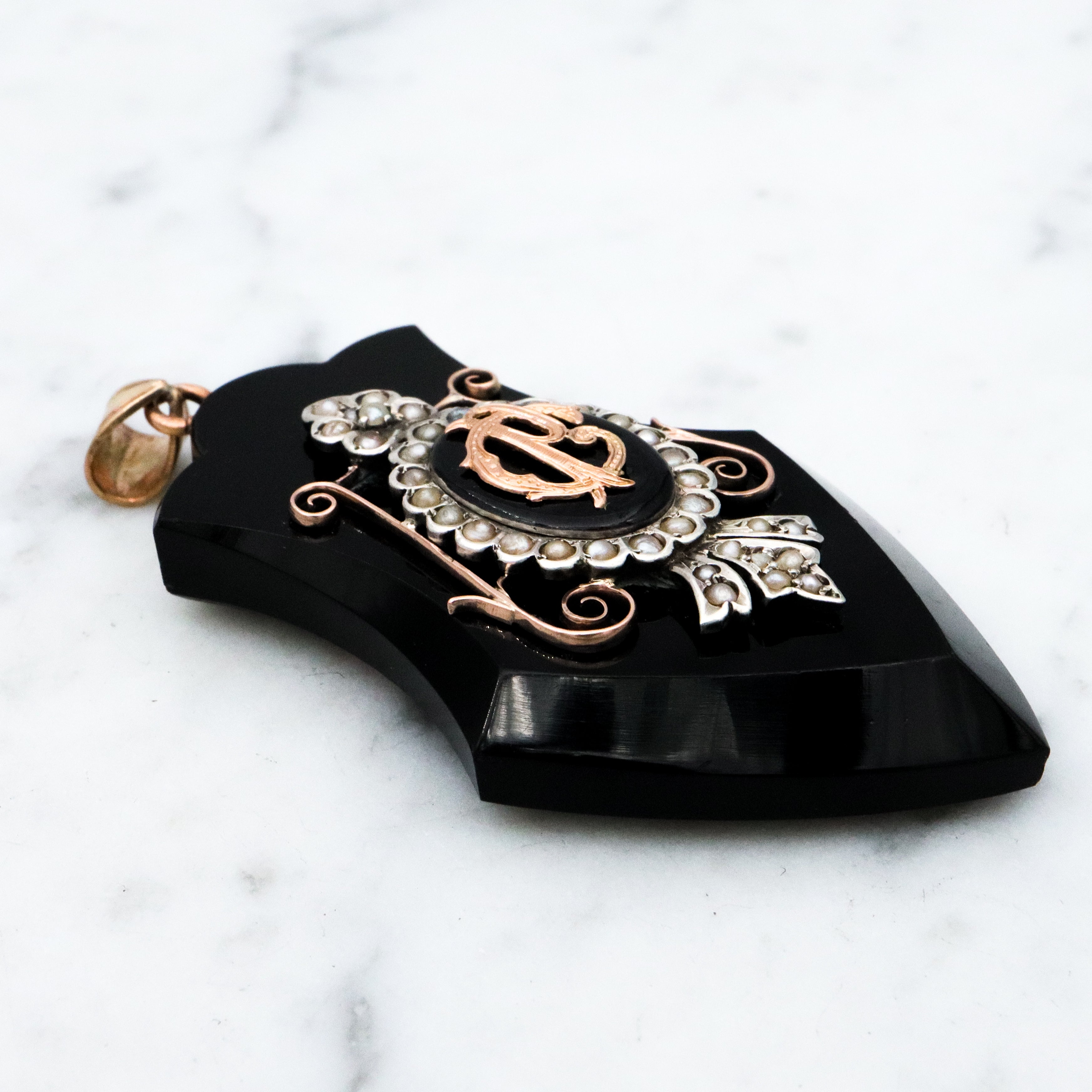 Antique Victorian onyx & pearl 14k gold mourning locket pendant