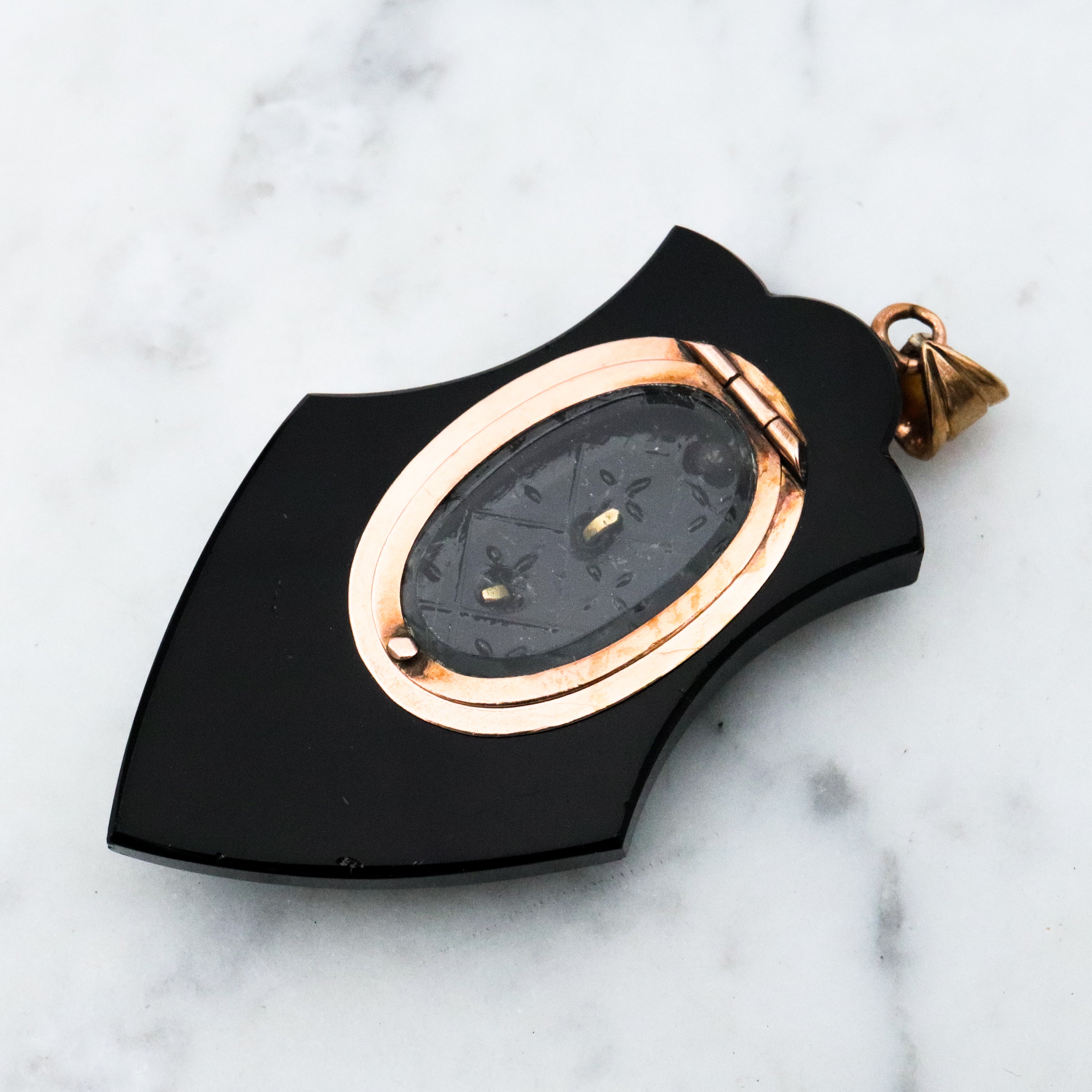 Antique Victorian onyx & pearl 14k gold mourning locket pendant