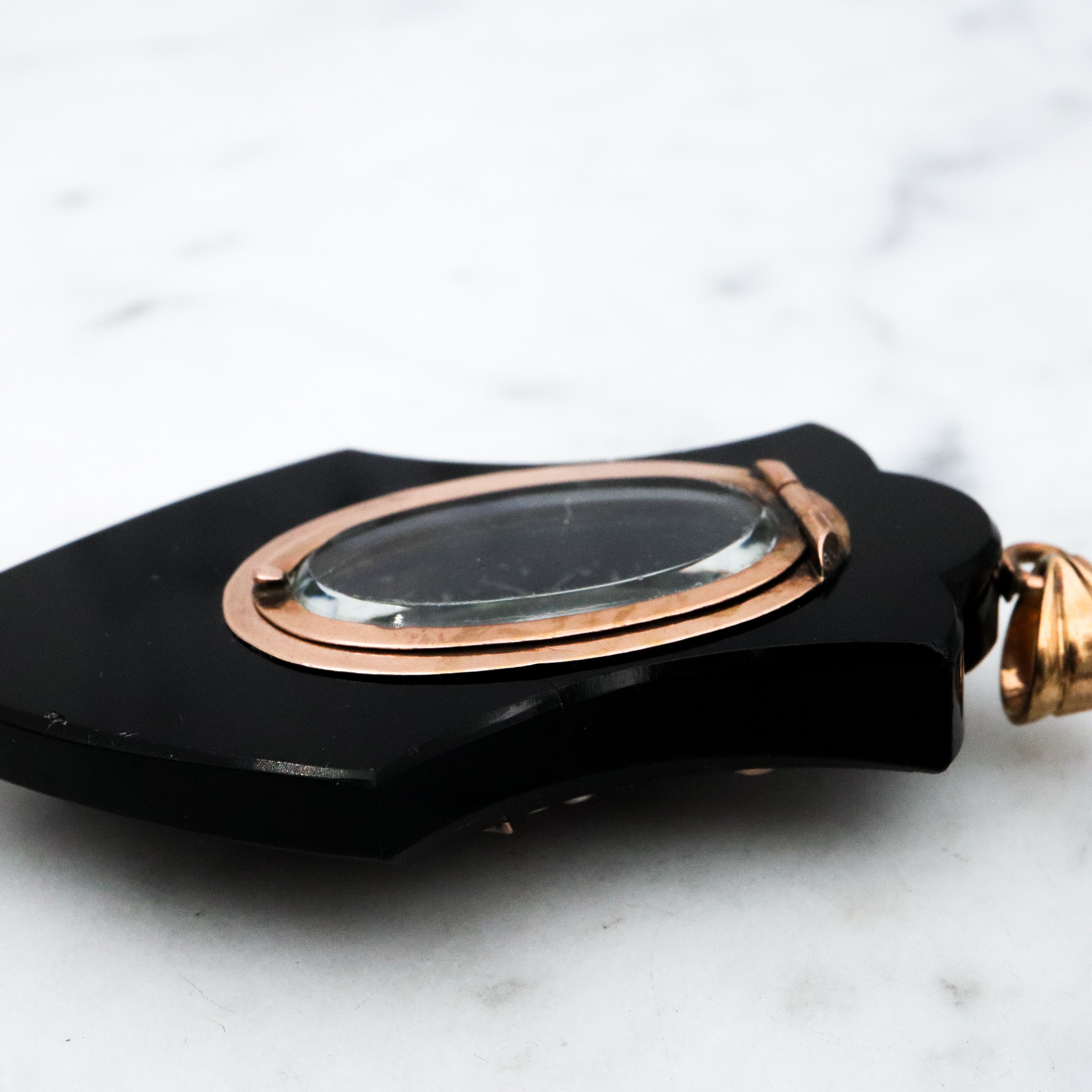 Antique Victorian onyx & pearl 14k gold mourning locket pendant