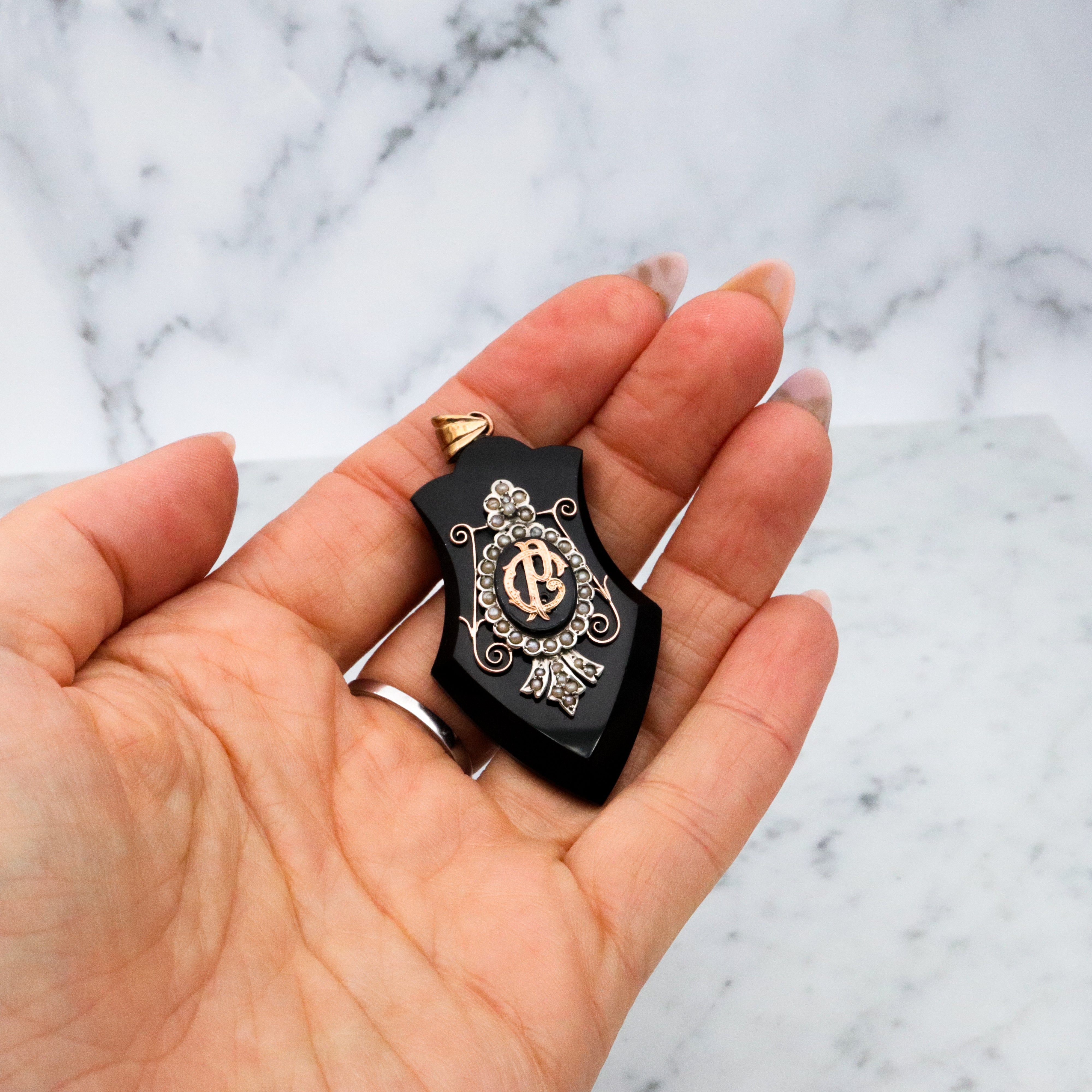 Antique Victorian onyx & pearl 14k gold mourning locket pendant