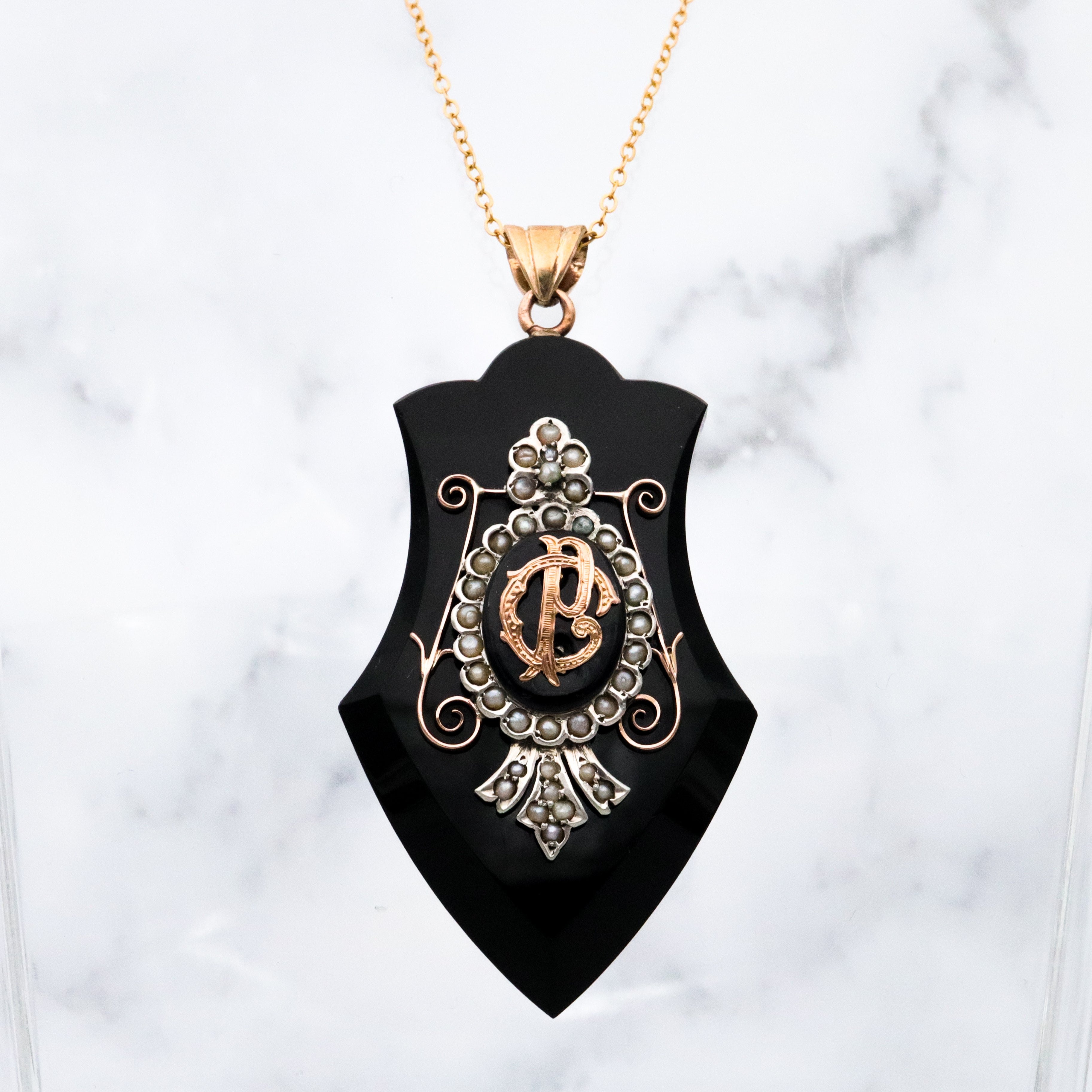 Antique Victorian onyx & pearl 14k gold mourning locket pendant