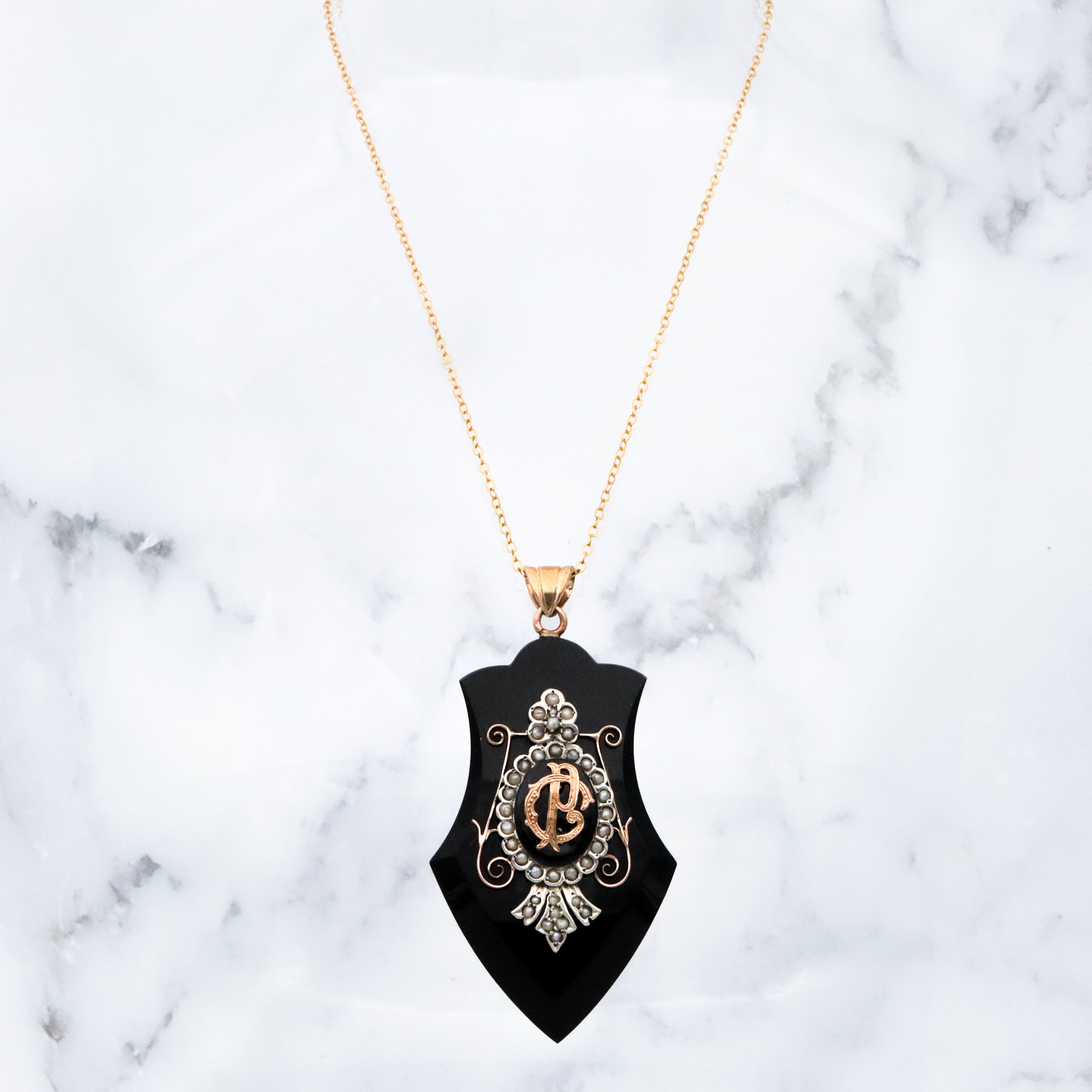 Antique Victorian onyx & pearl 14k gold mourning locket pendant