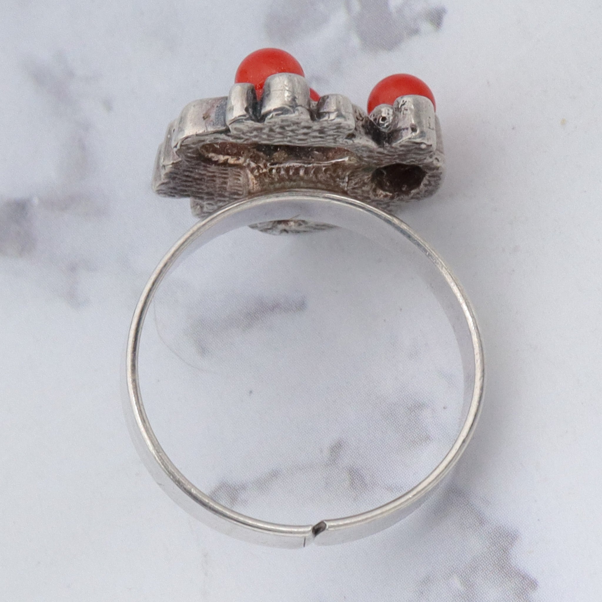 Vintage German modernist 835 silver coral beads signed adjustable ring, sz 8.5