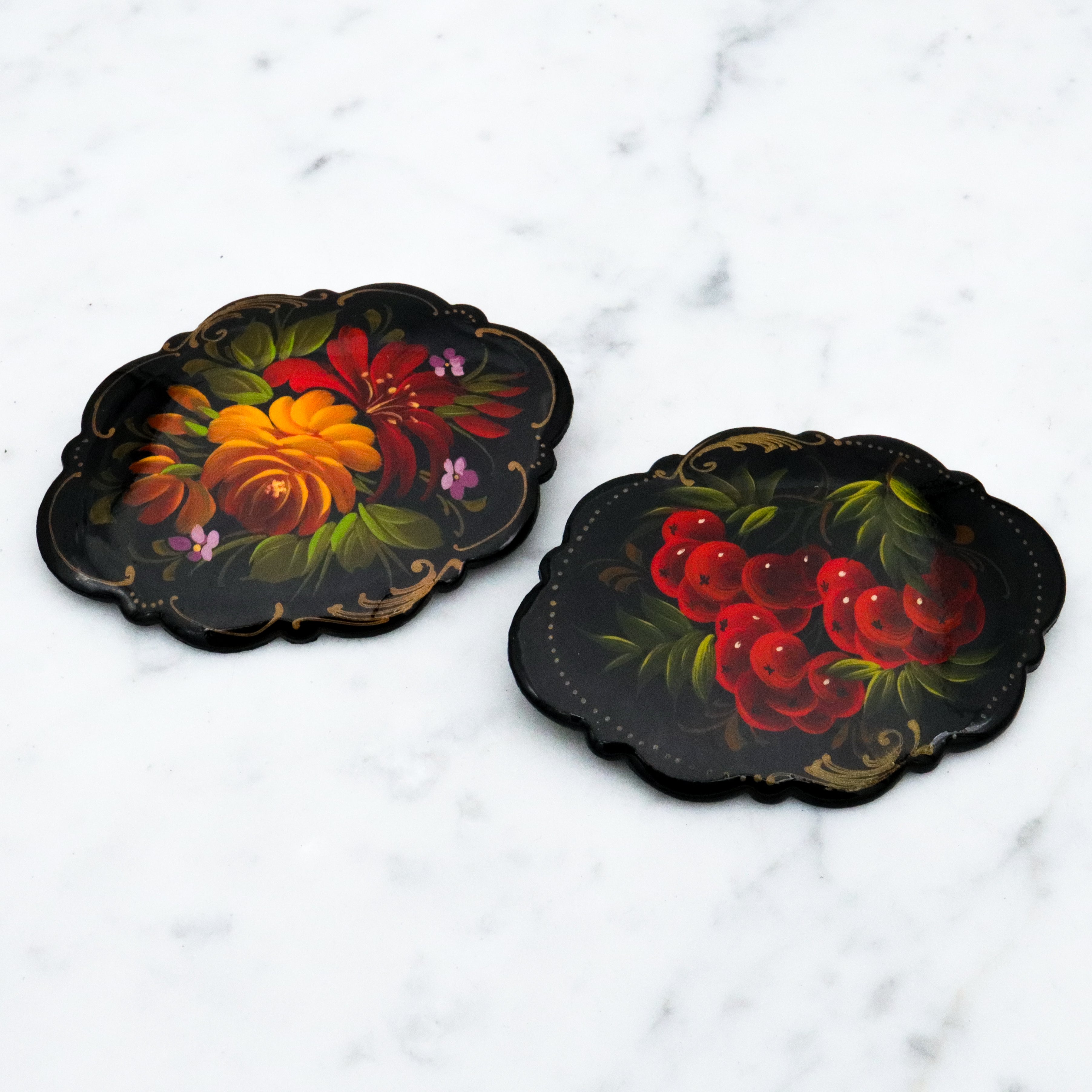 Vintage pair of hand painted floral  Russian Zhostovo style brooches