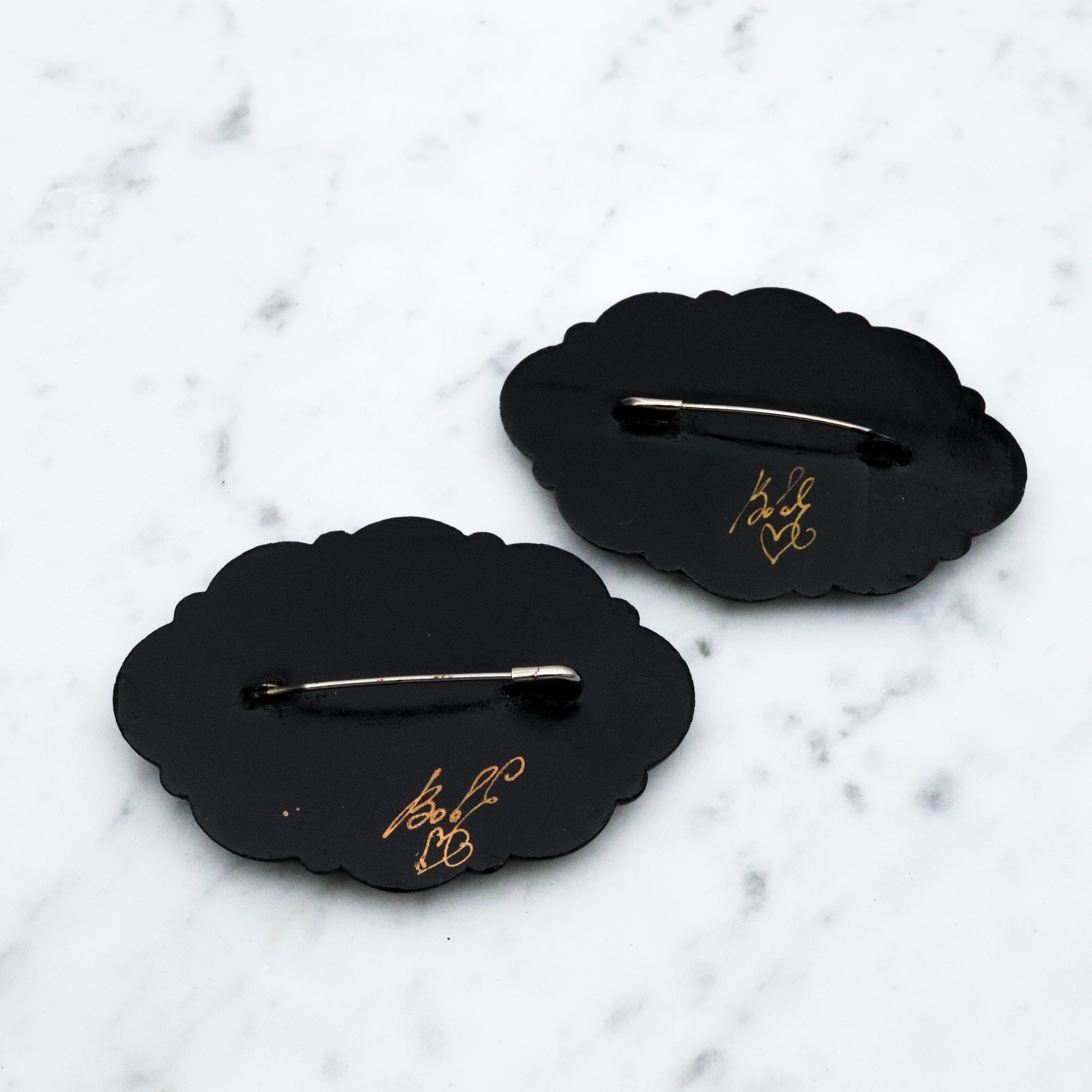 Vintage pair of hand painted floral  Russian Zhostovo style brooches