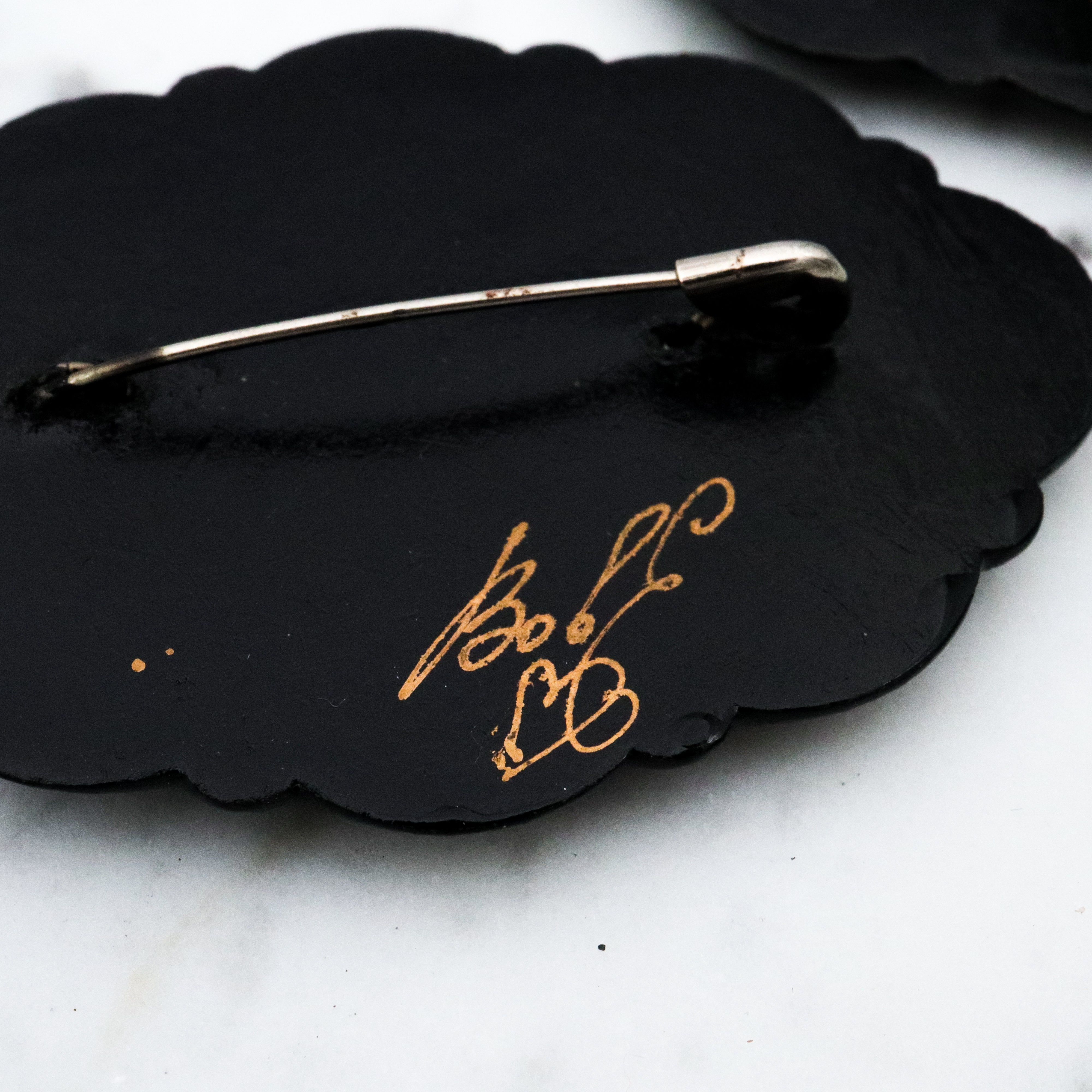 Vintage pair of hand painted floral  Russian Zhostovo style brooches