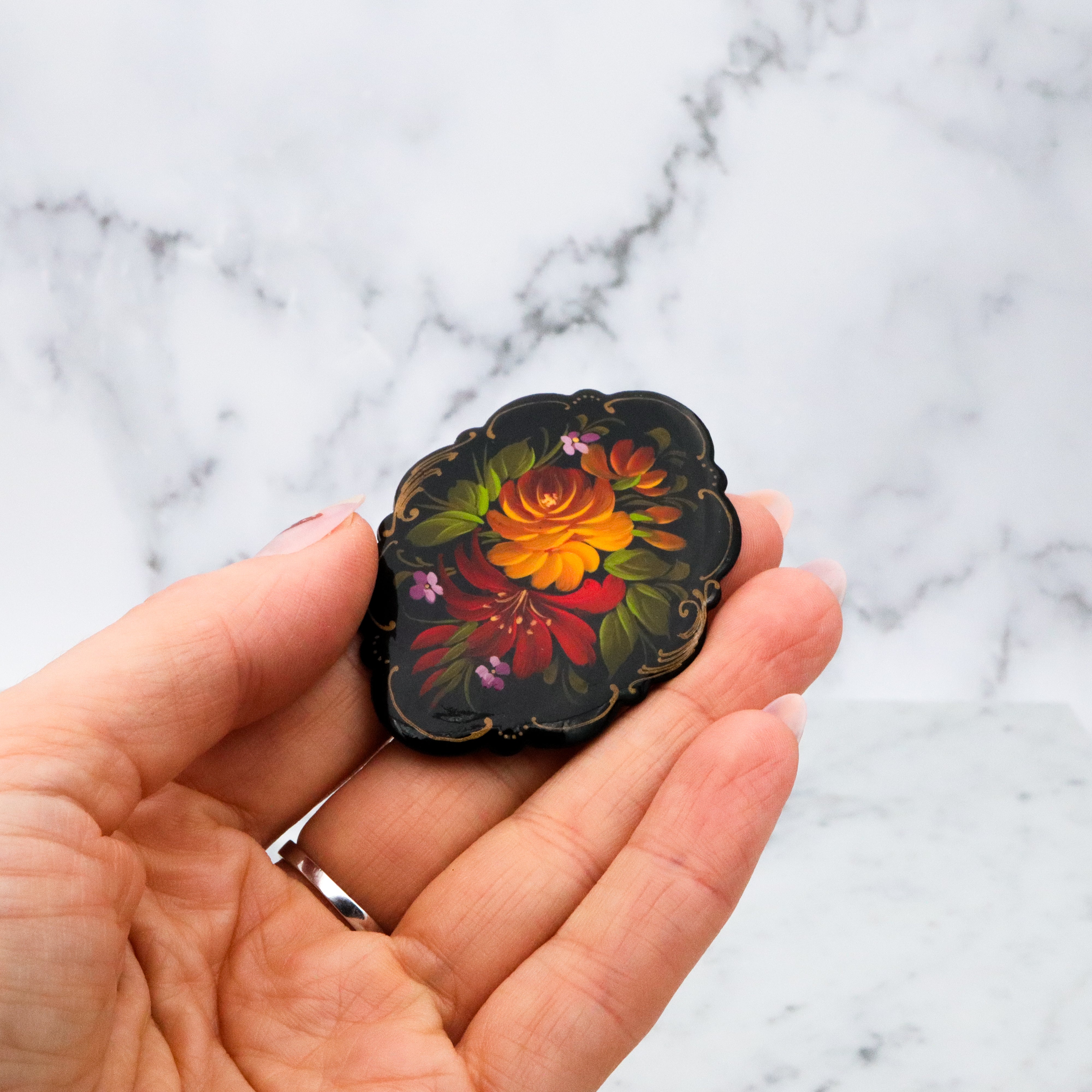 Vintage pair of hand painted floral  Russian Zhostovo style brooches