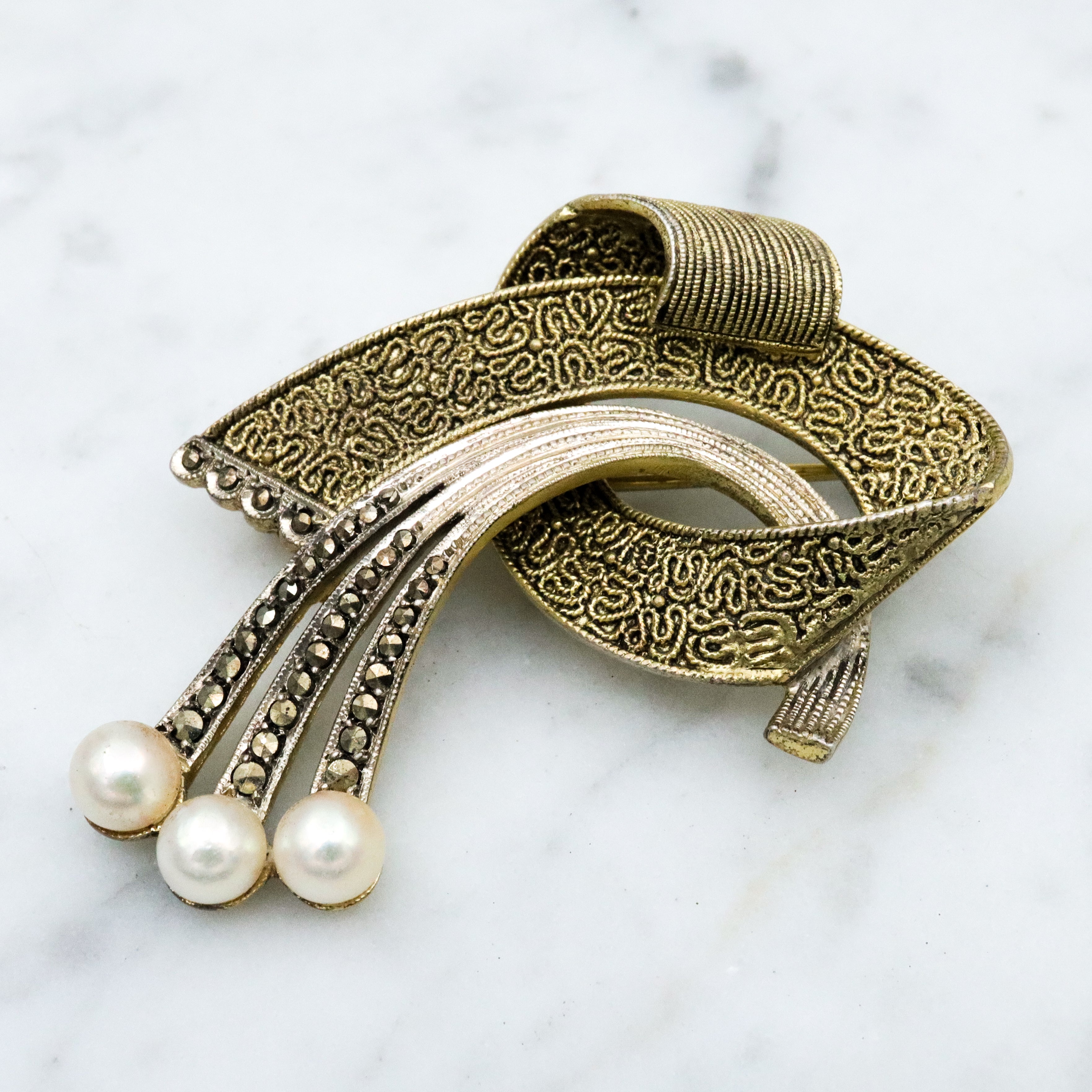 Antique Jugendstil Art Deco Theodor Fahrner vermeil sterling abstract brooch w/marcasites & pearls