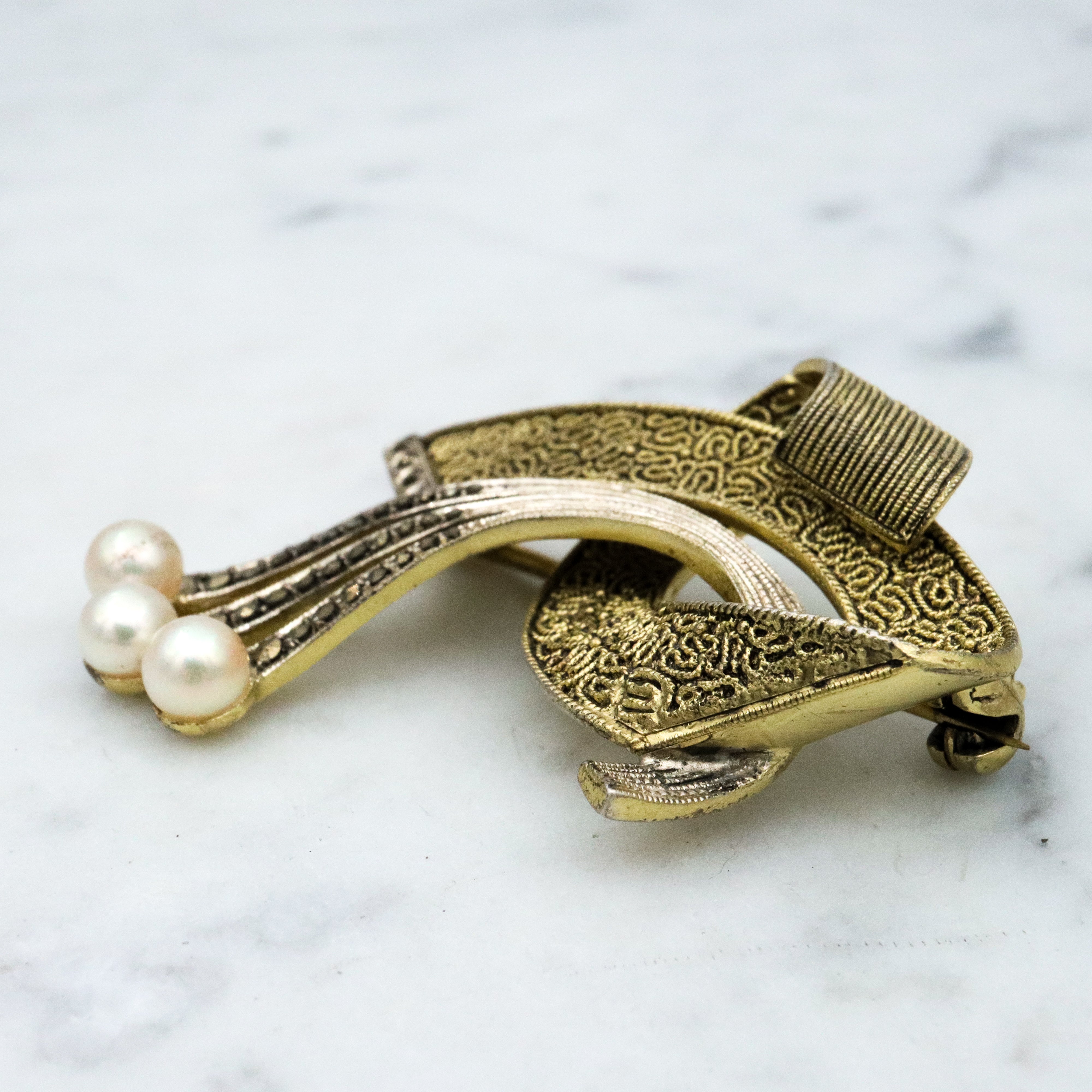 Antique Jugendstil Art Deco Theodor Fahrner vermeil sterling abstract brooch w/marcasites & pearls