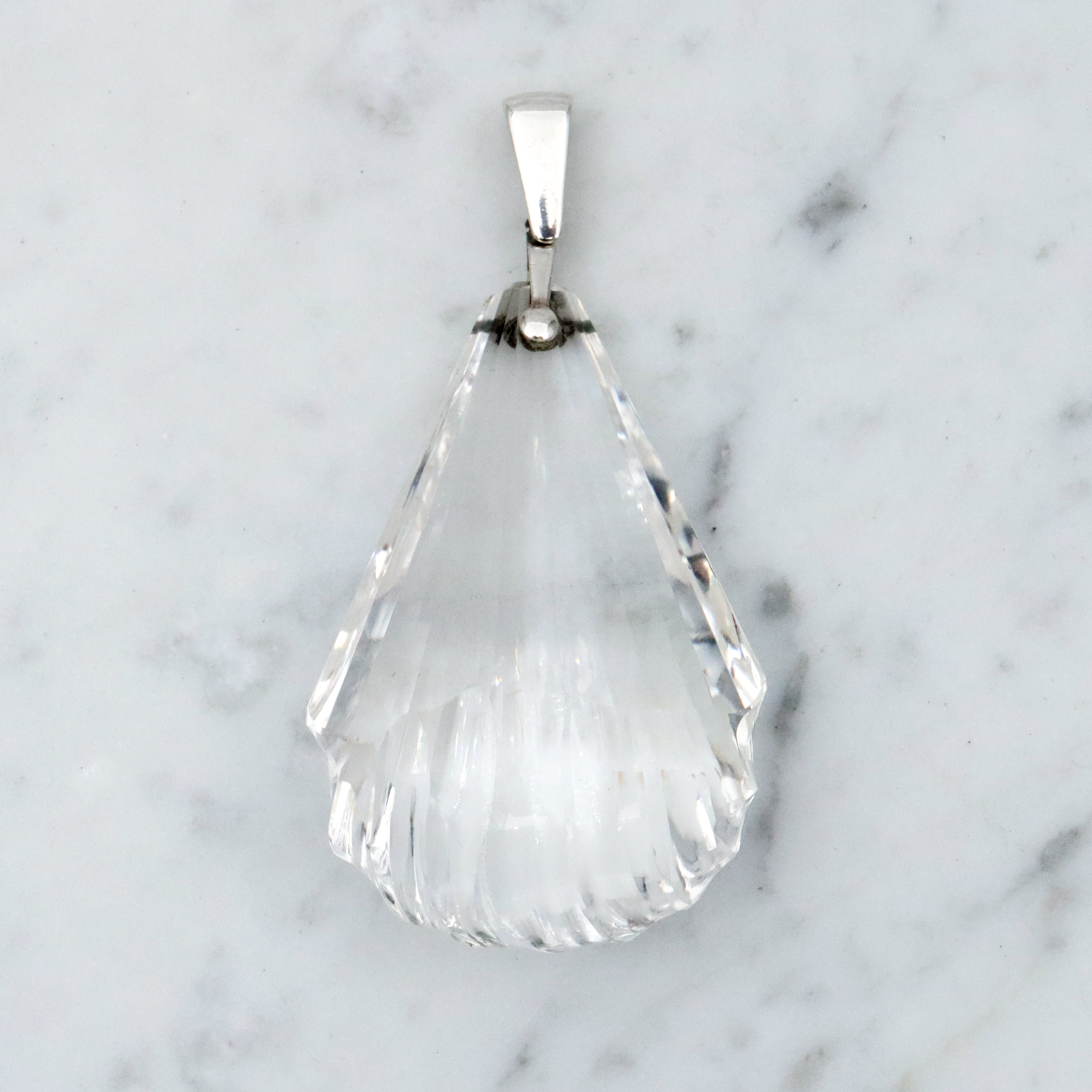 Huge antique Art Deco cut rock crystal sterling drop pendant