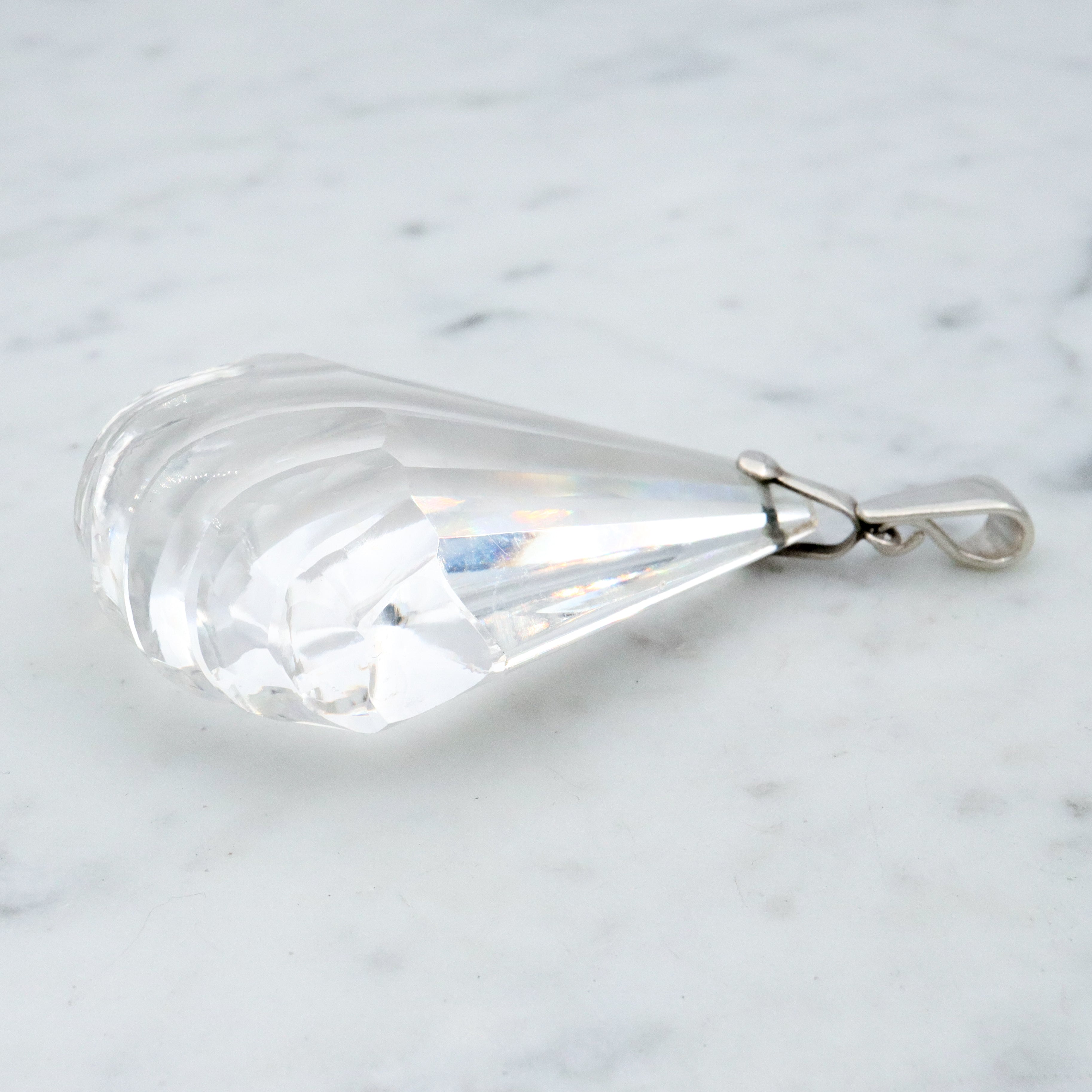 Huge antique Art Deco cut rock crystal sterling drop pendant