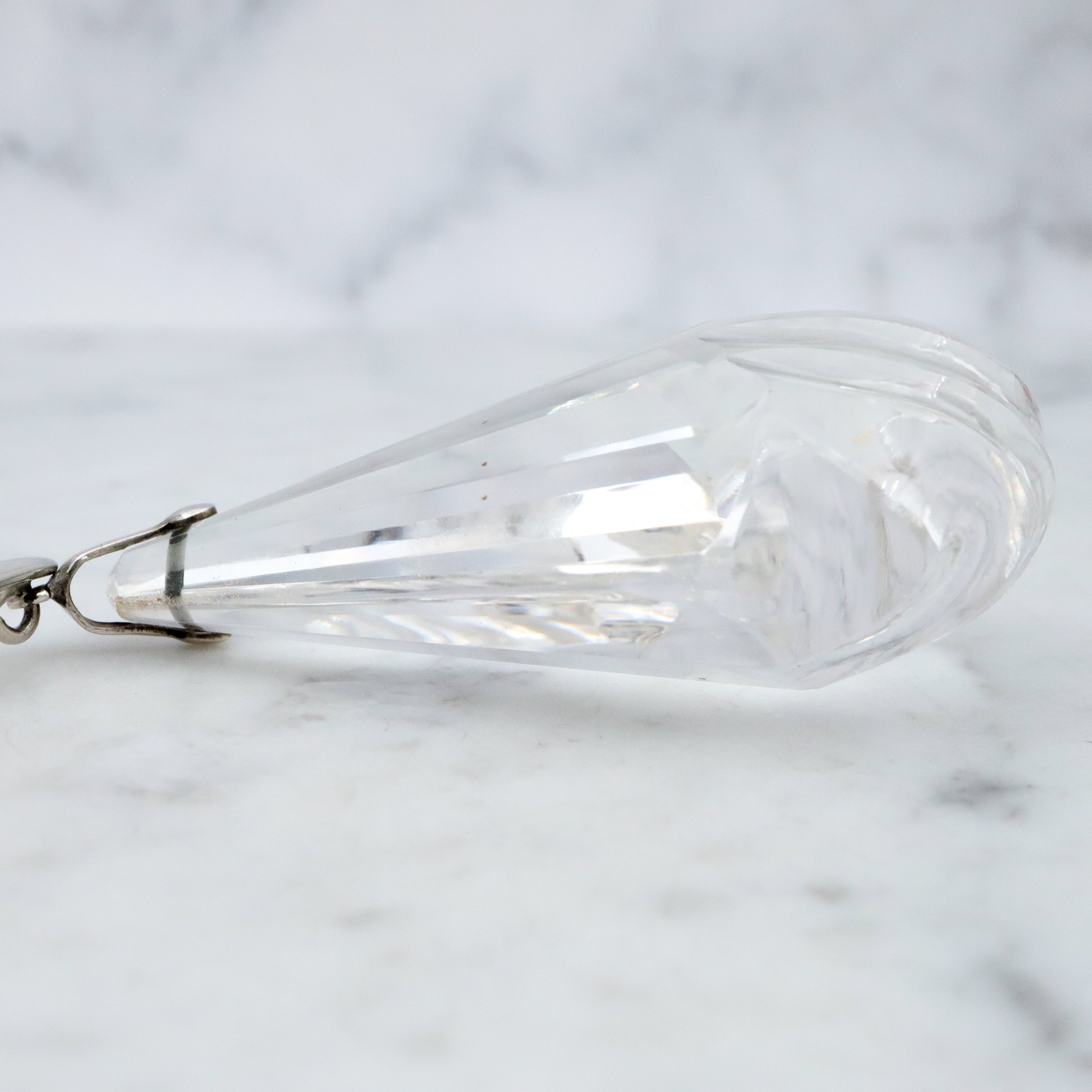 Huge antique Art Deco cut rock crystal sterling drop pendant