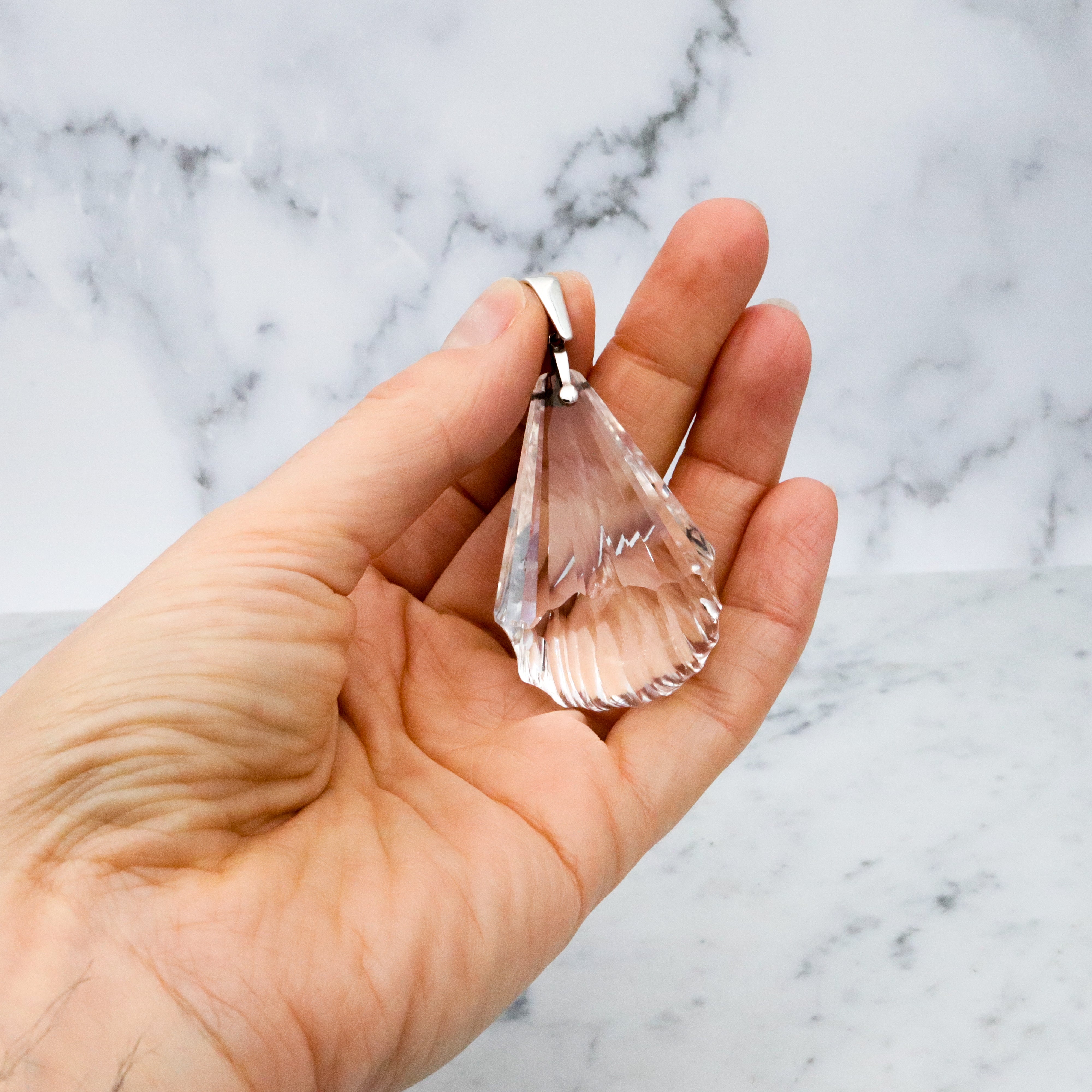 Huge antique Art Deco cut rock crystal sterling drop pendant