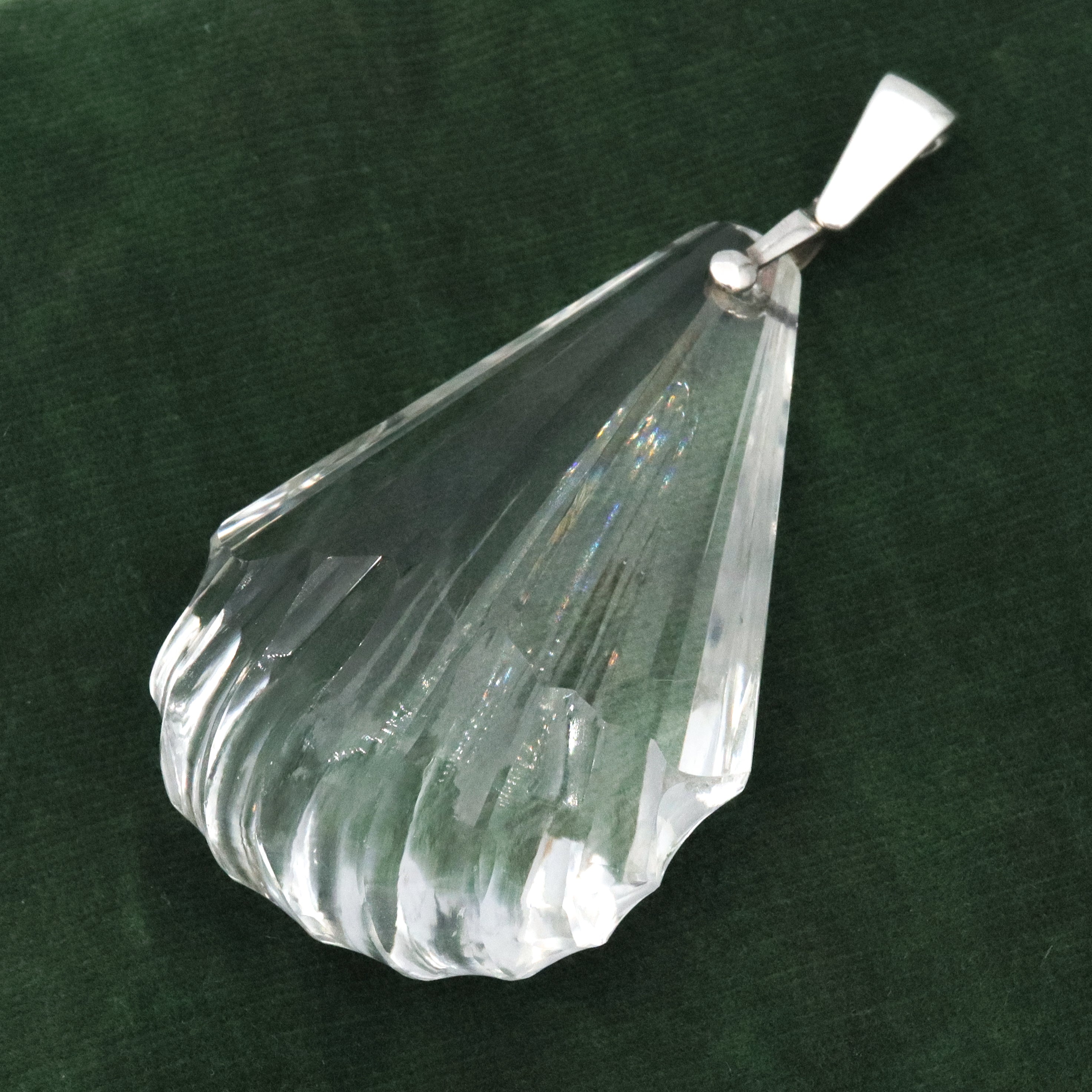 Huge antique Art Deco cut rock crystal sterling drop pendant