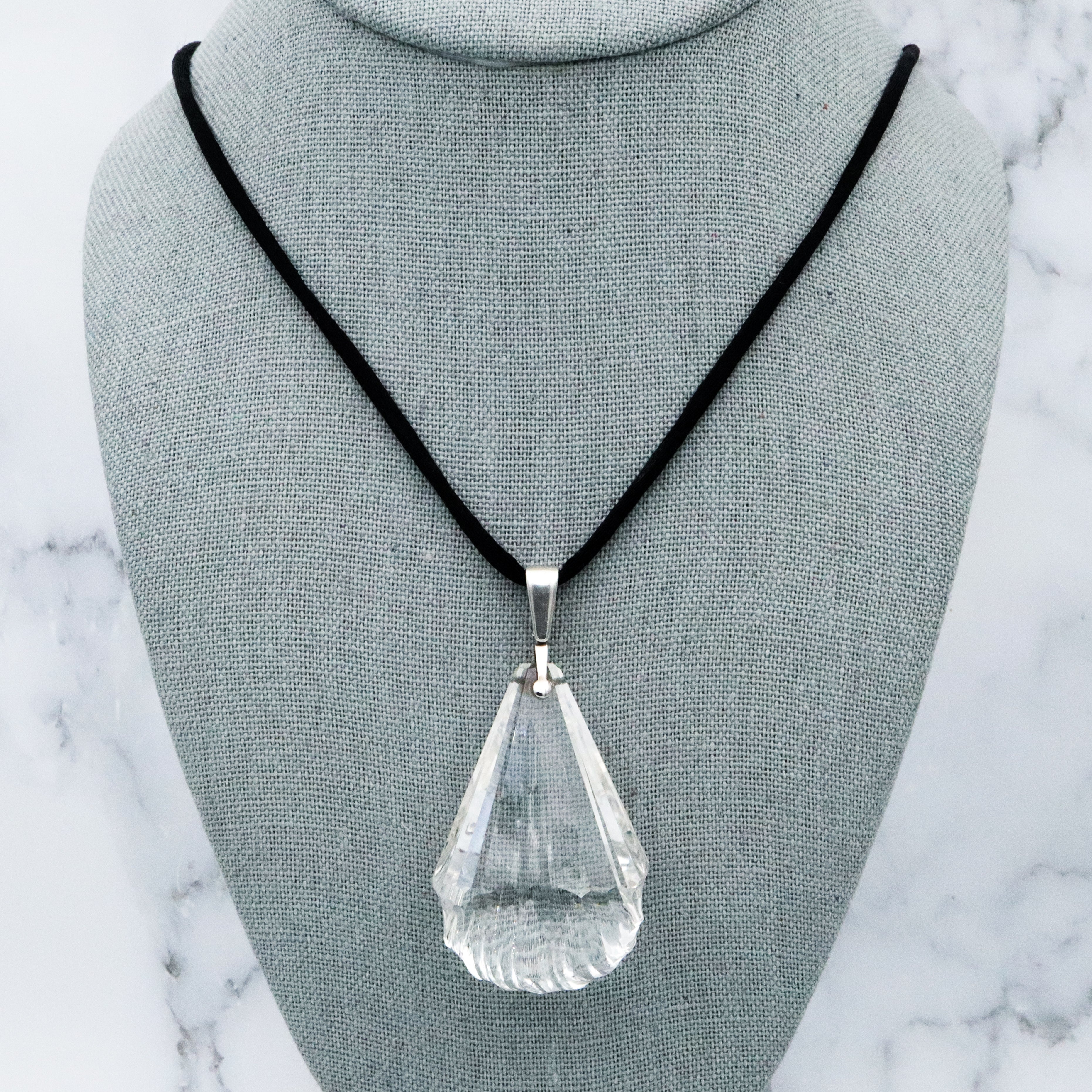 Huge antique Art Deco cut rock crystal sterling drop pendant