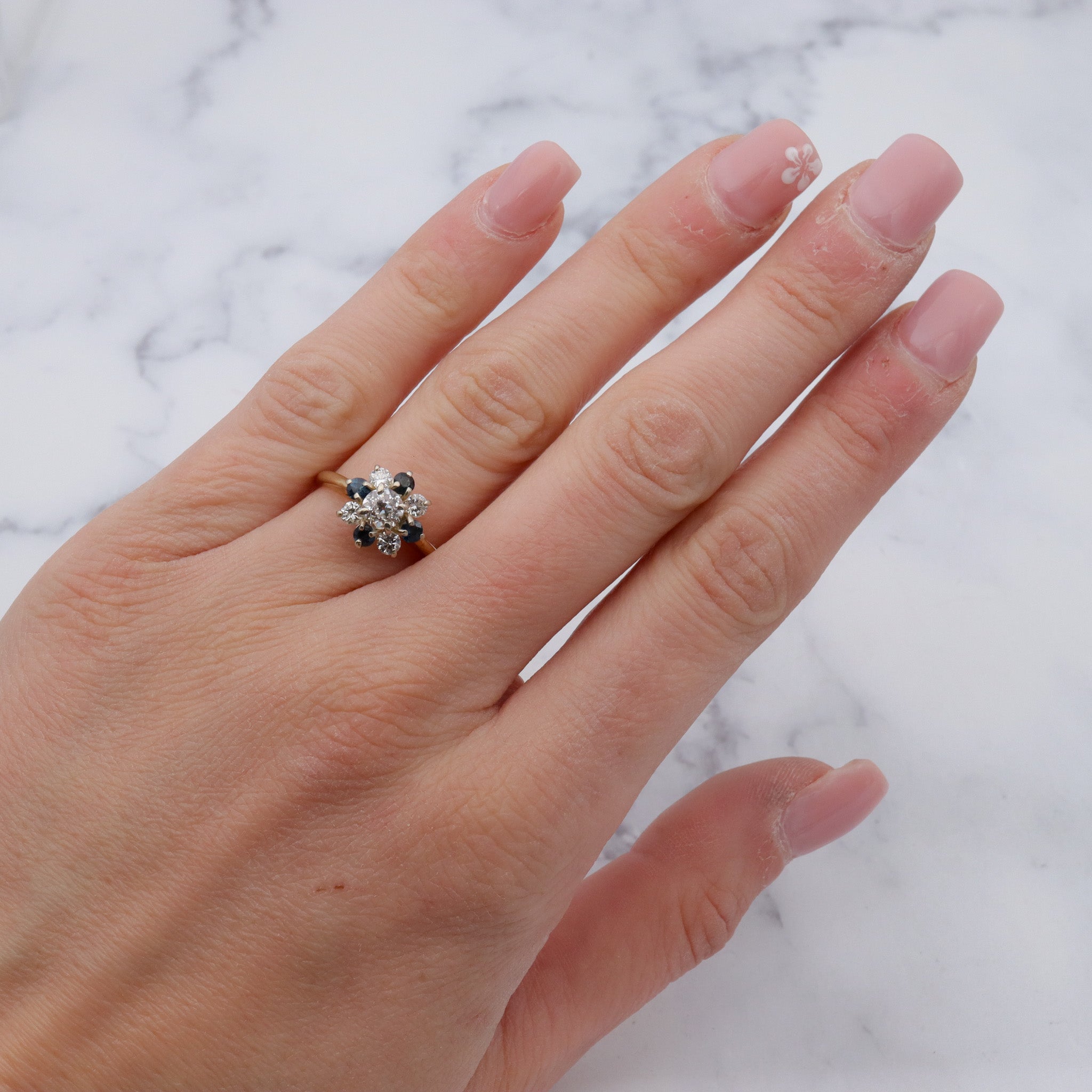 Vintage 14k gold .5ct old European cut center diamond with sapphires and smaller diamonds, sz 6