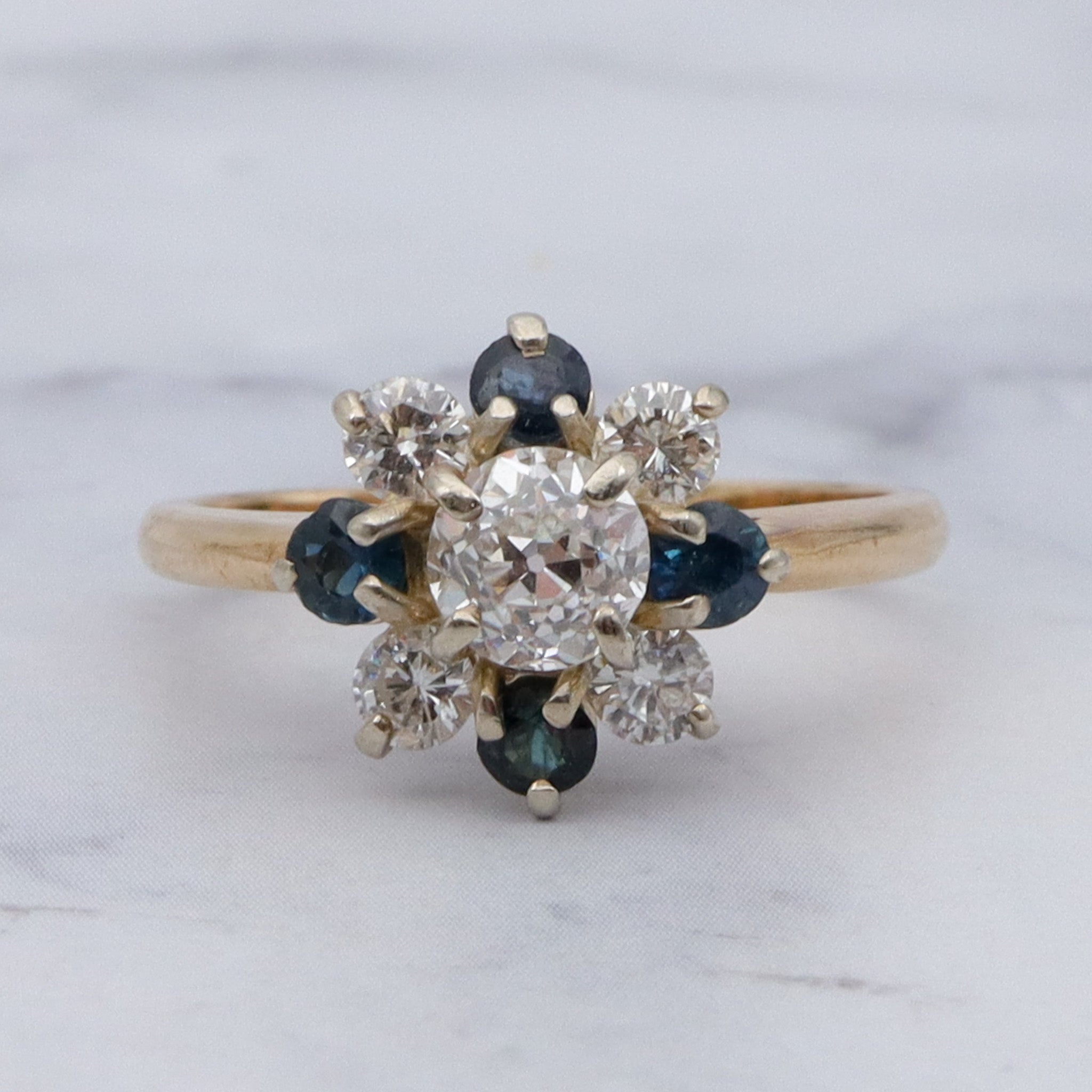 Vintage 14k gold .5ct old European cut center diamond with sapphires and smaller diamonds, sz 6