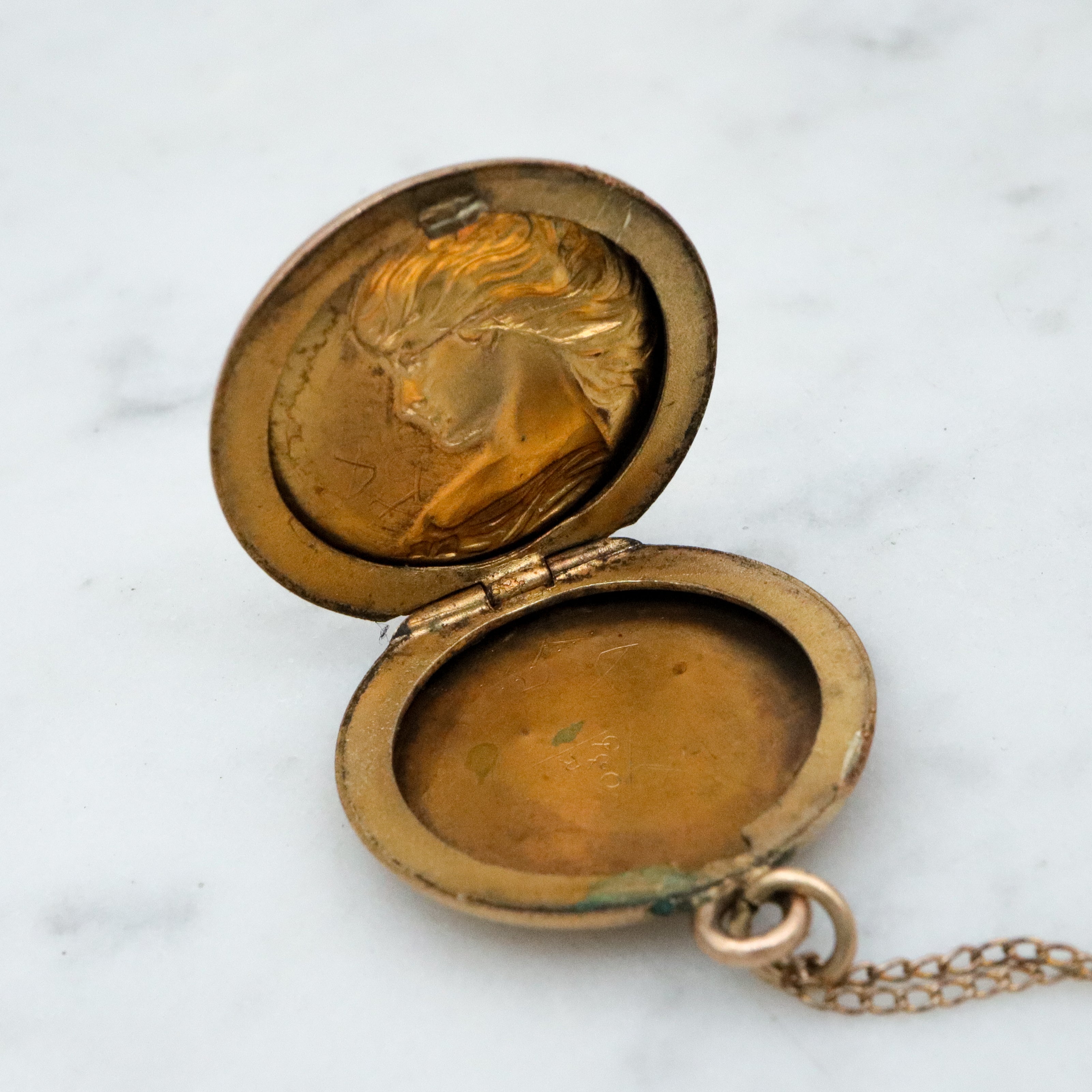 Antique Art Nouveau rolled gold locket w/woman by C.Q. & R.