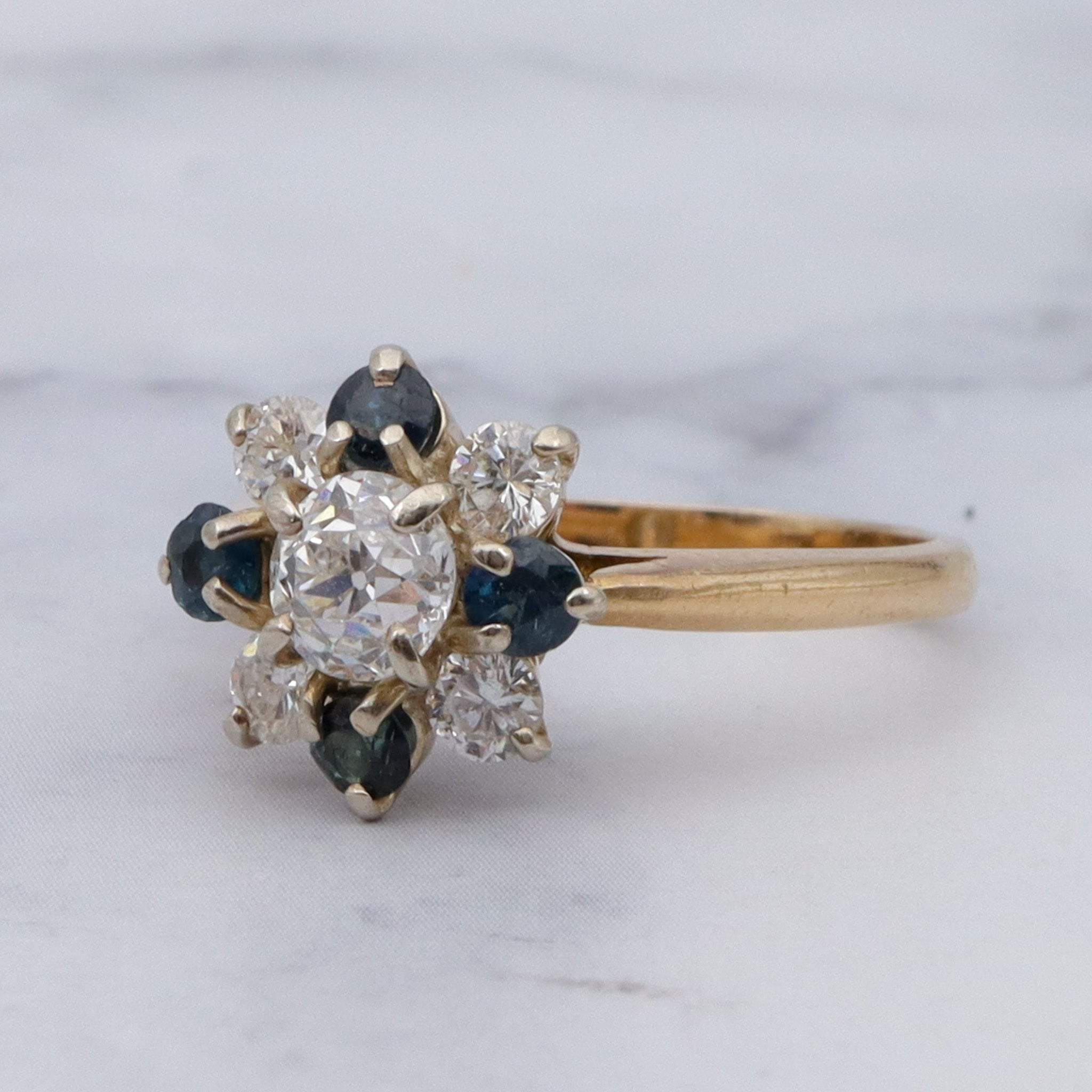 Vintage 14k gold .5ct old European cut center diamond with sapphires and smaller diamonds, sz 6