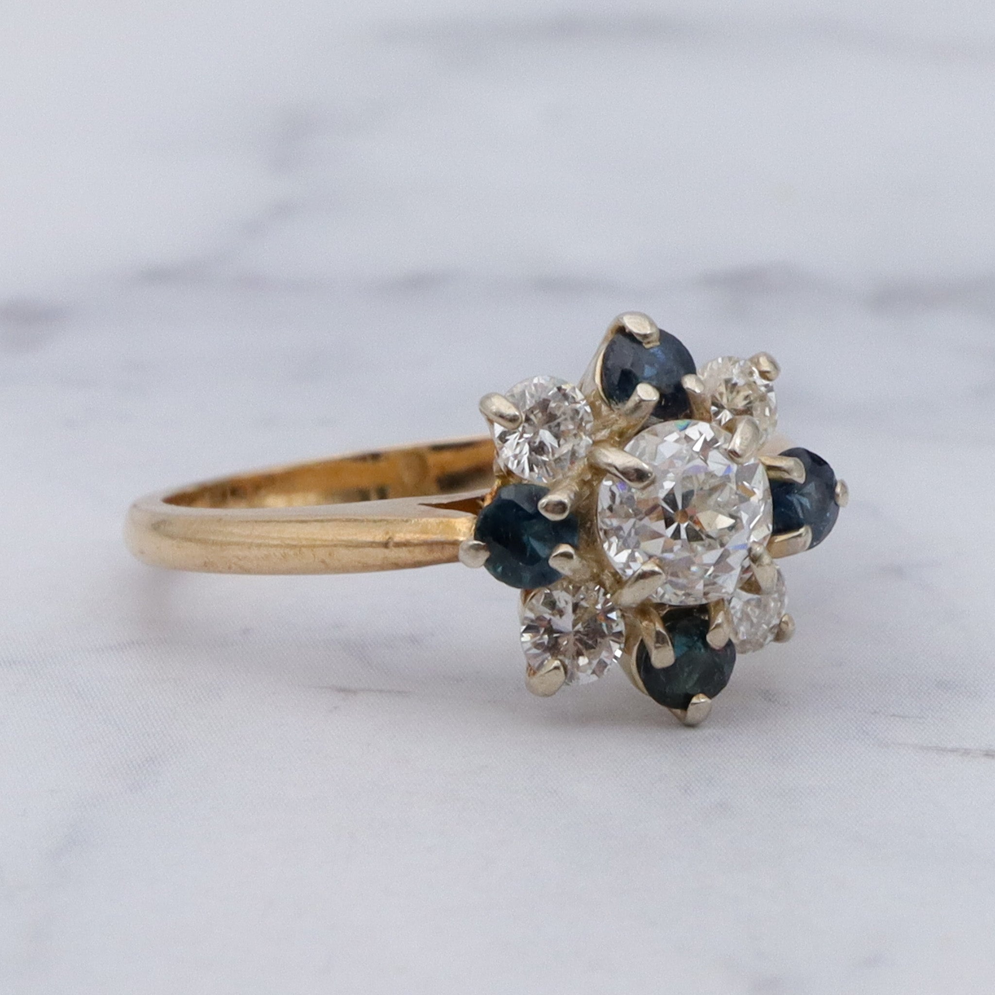 Vintage 14k gold .5ct old European cut center diamond with sapphires and smaller diamonds, sz 6