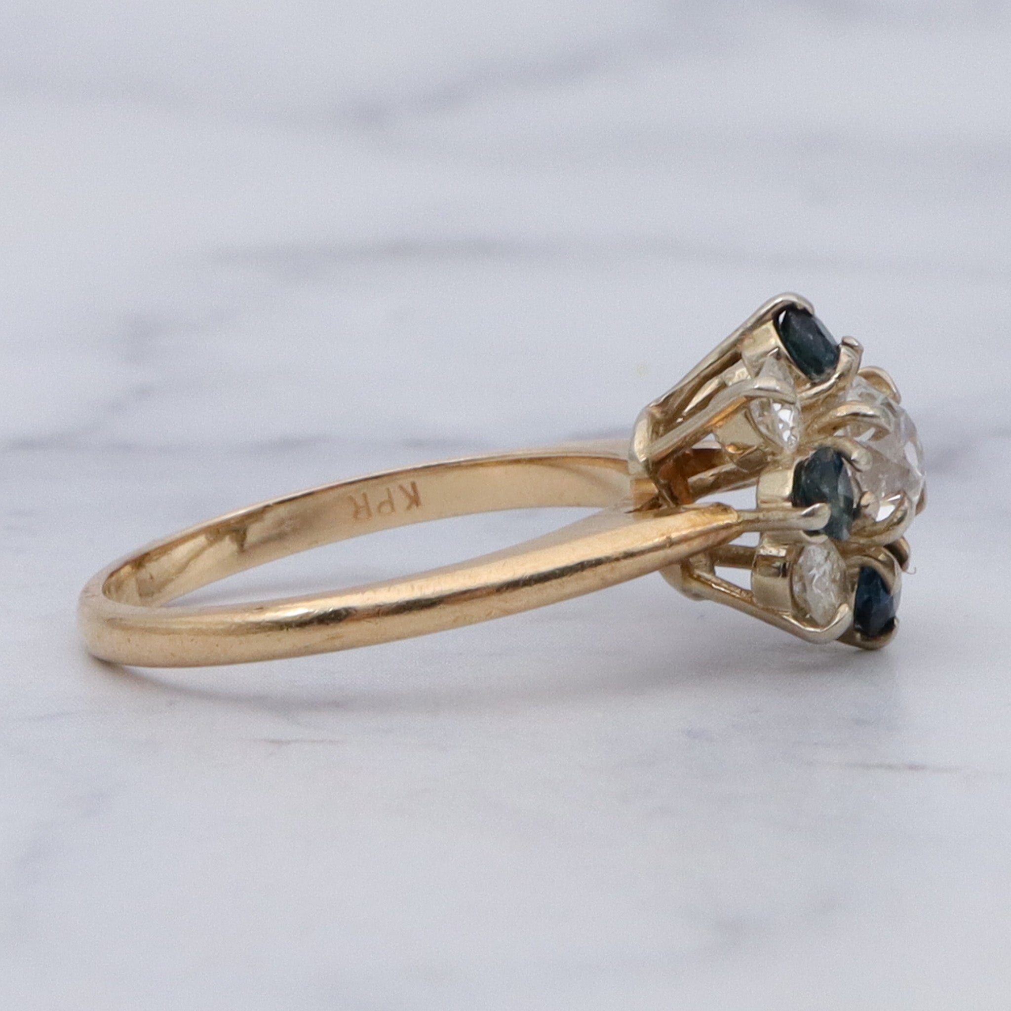 Vintage 14k gold .5ct old European cut center diamond with sapphires and smaller diamonds, sz 6