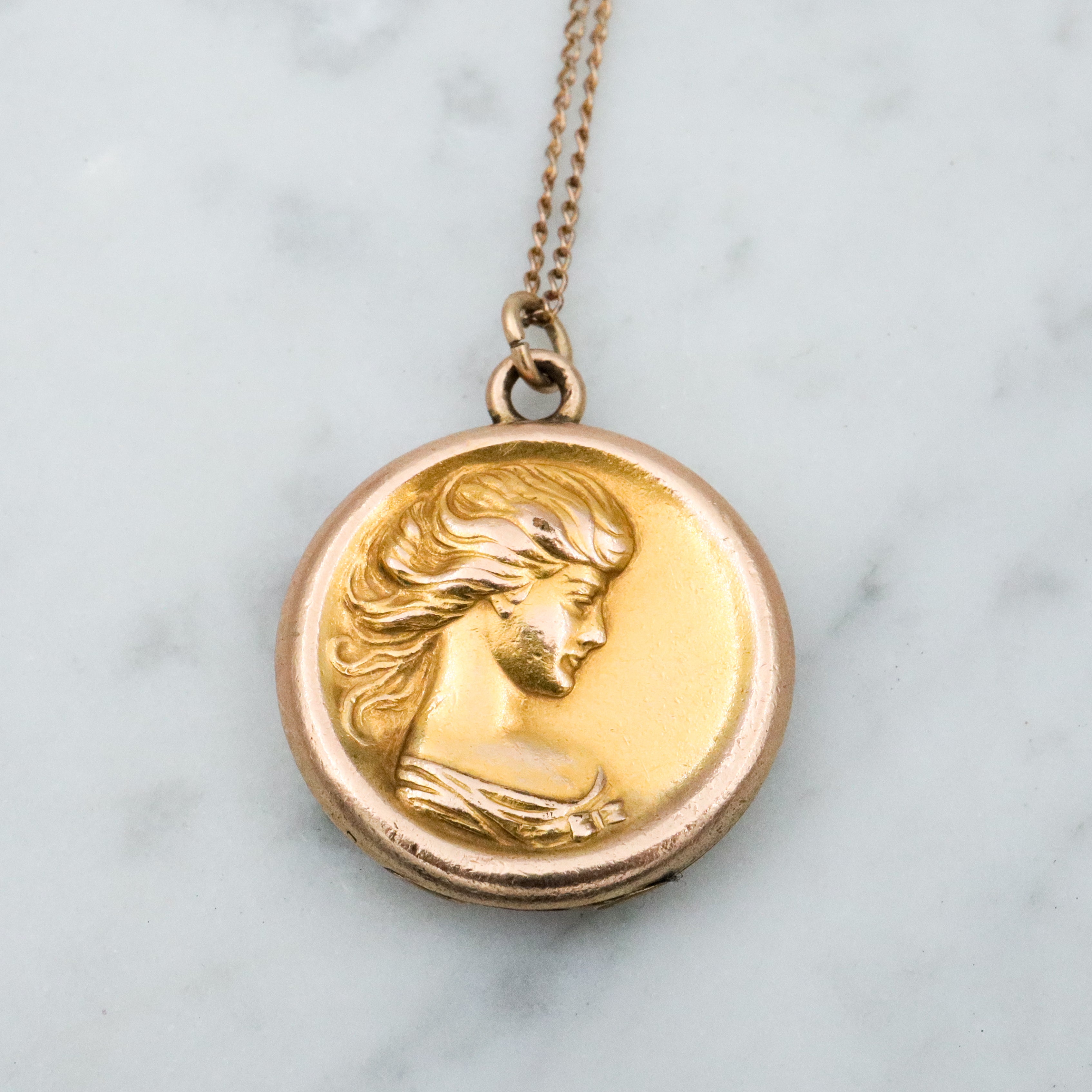 Antique Art Nouveau rolled gold locket w/woman by C.Q. & R.