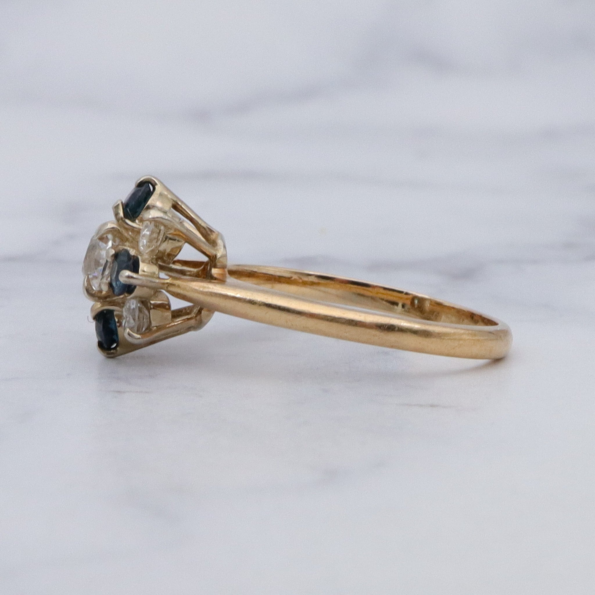 Vintage 14k gold .5ct old European cut center diamond with sapphires and smaller diamonds, sz 6