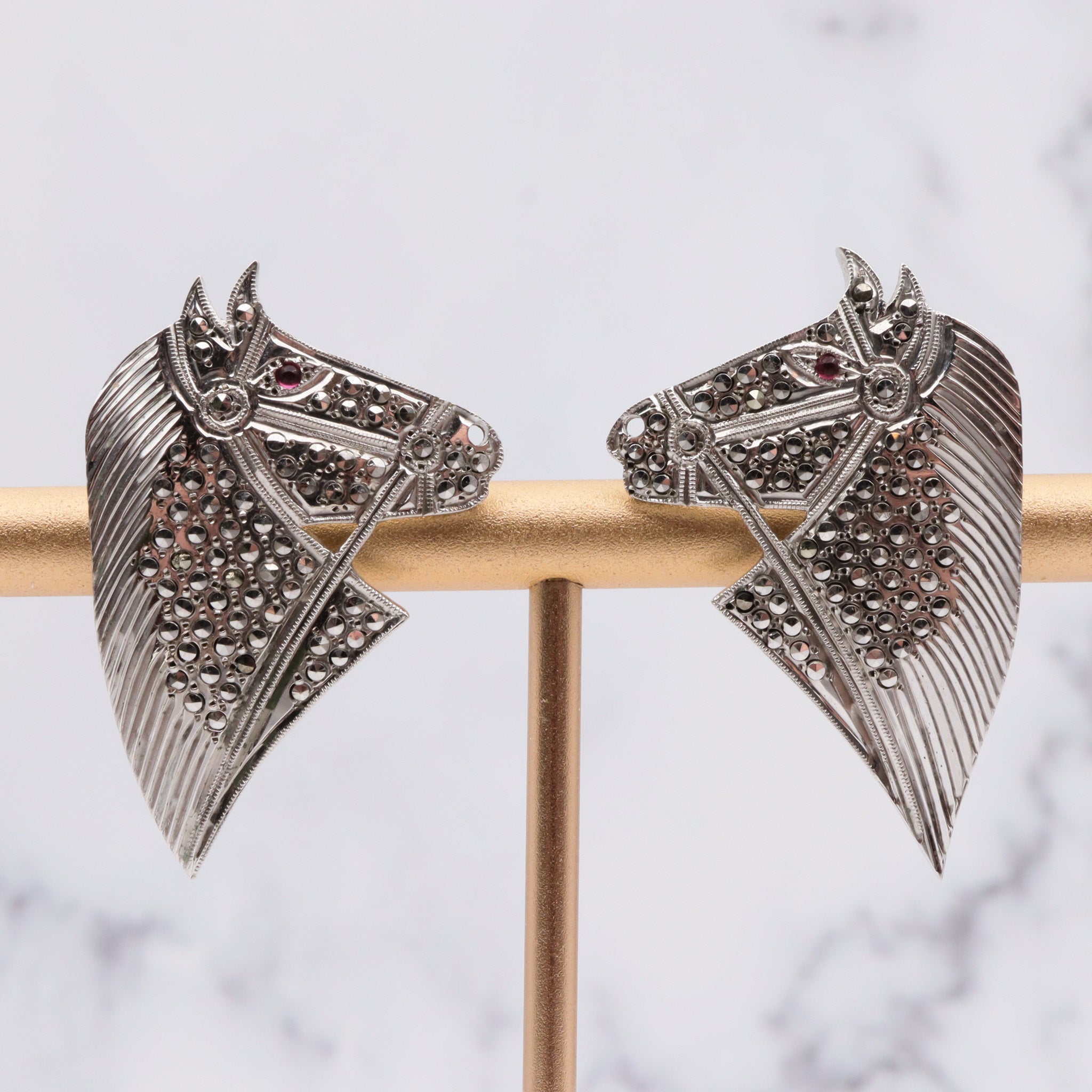 Antique art deco sterling marcasite with faux ruby eyes horse head earrings