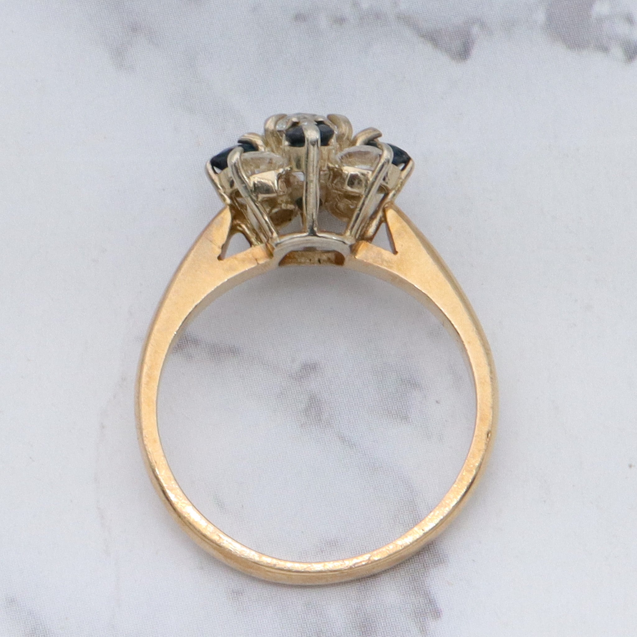 Vintage 14k gold .5ct old European cut center diamond with sapphires and smaller diamonds, sz 6