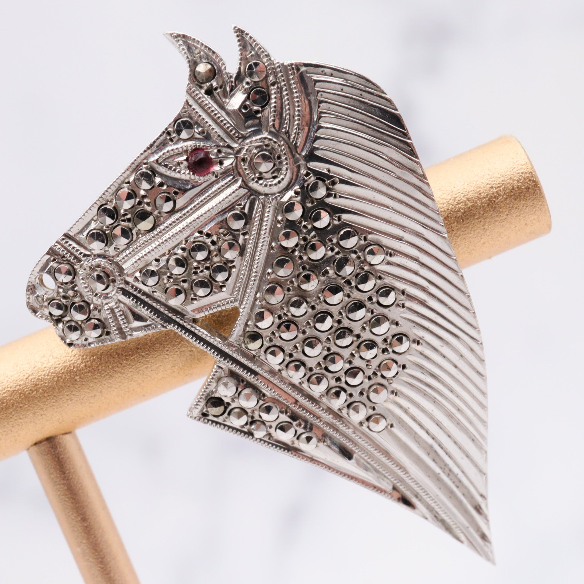 Antique art deco sterling marcasite with faux ruby eyes horse head earrings