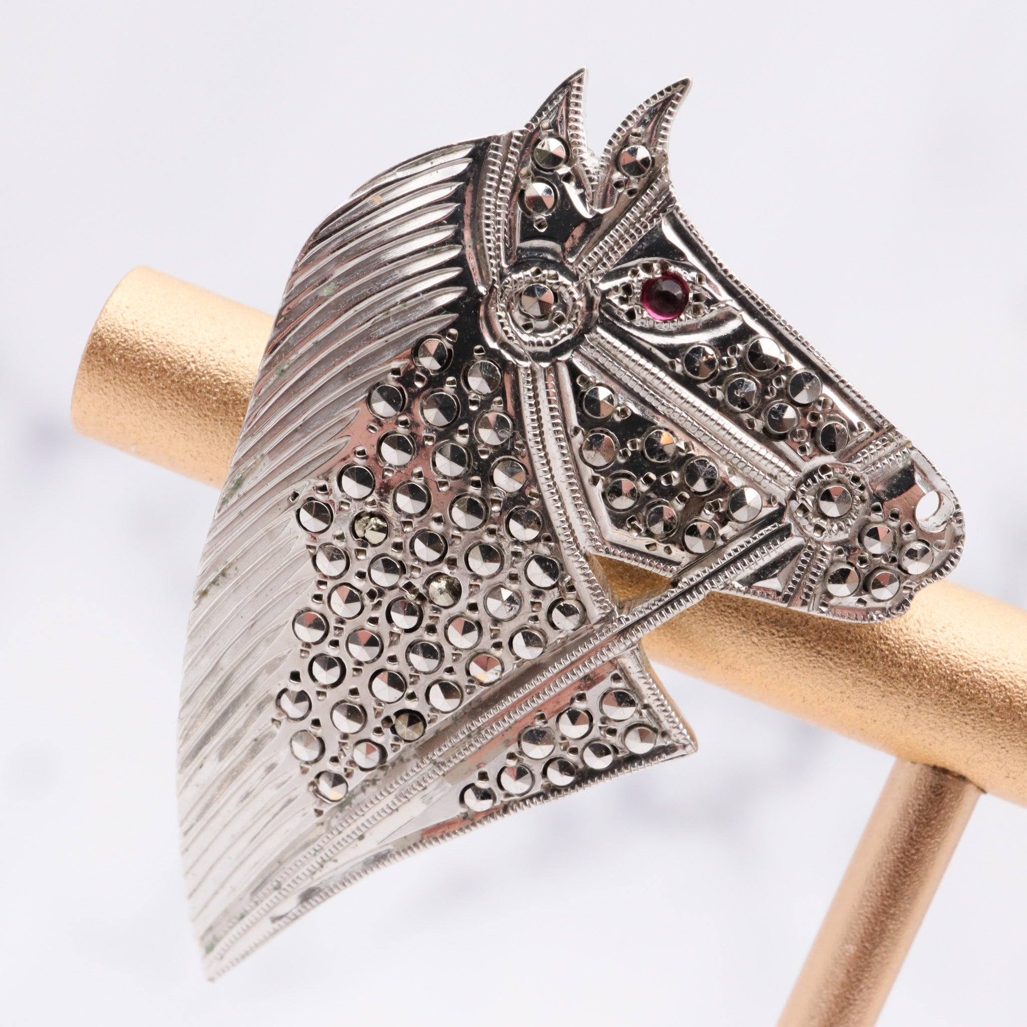 Antique art deco sterling marcasite with faux ruby eyes horse head earrings