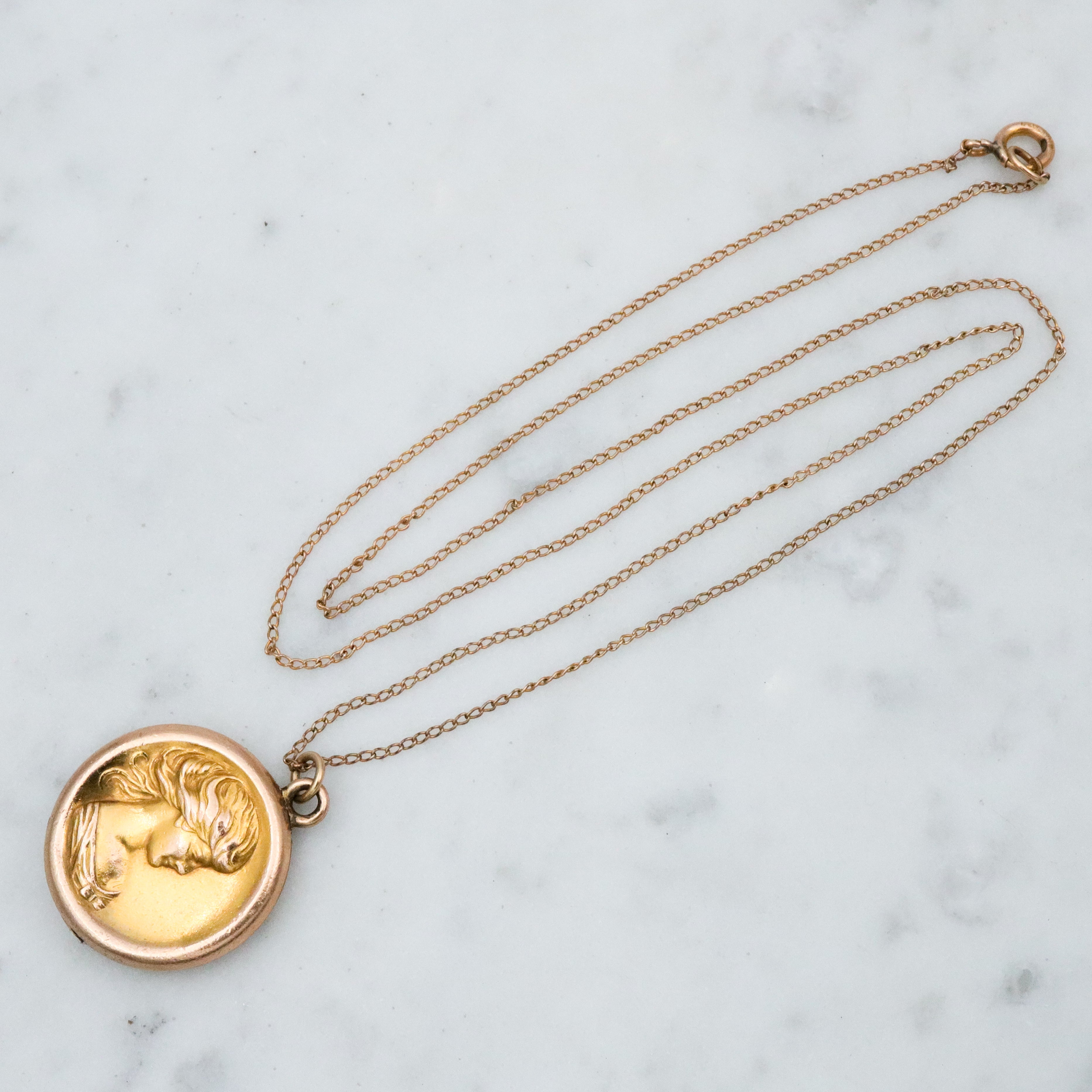 Antique Art Nouveau rolled gold locket w/woman by C.Q. & R.