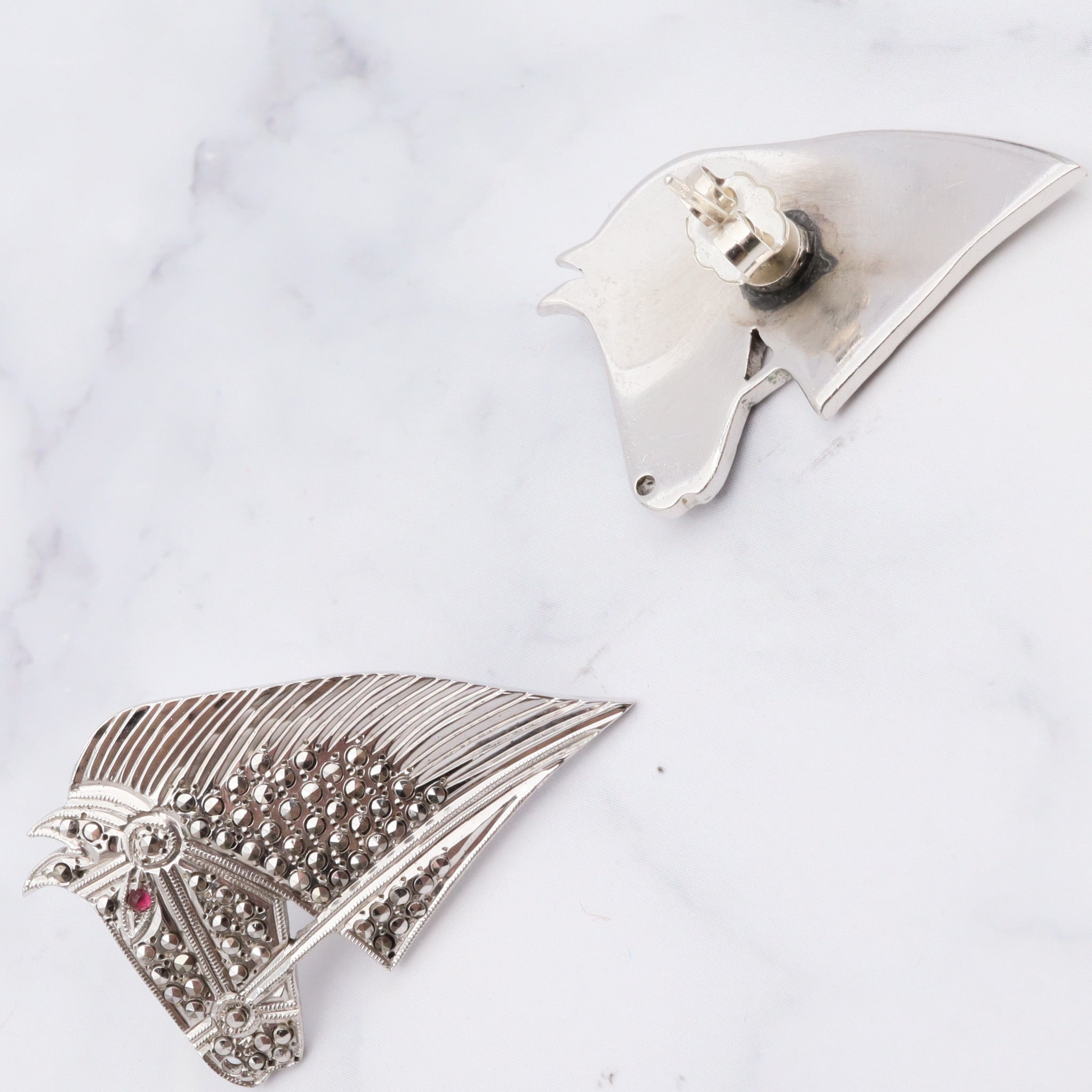 Antique art deco sterling marcasite with faux ruby eyes horse head earrings