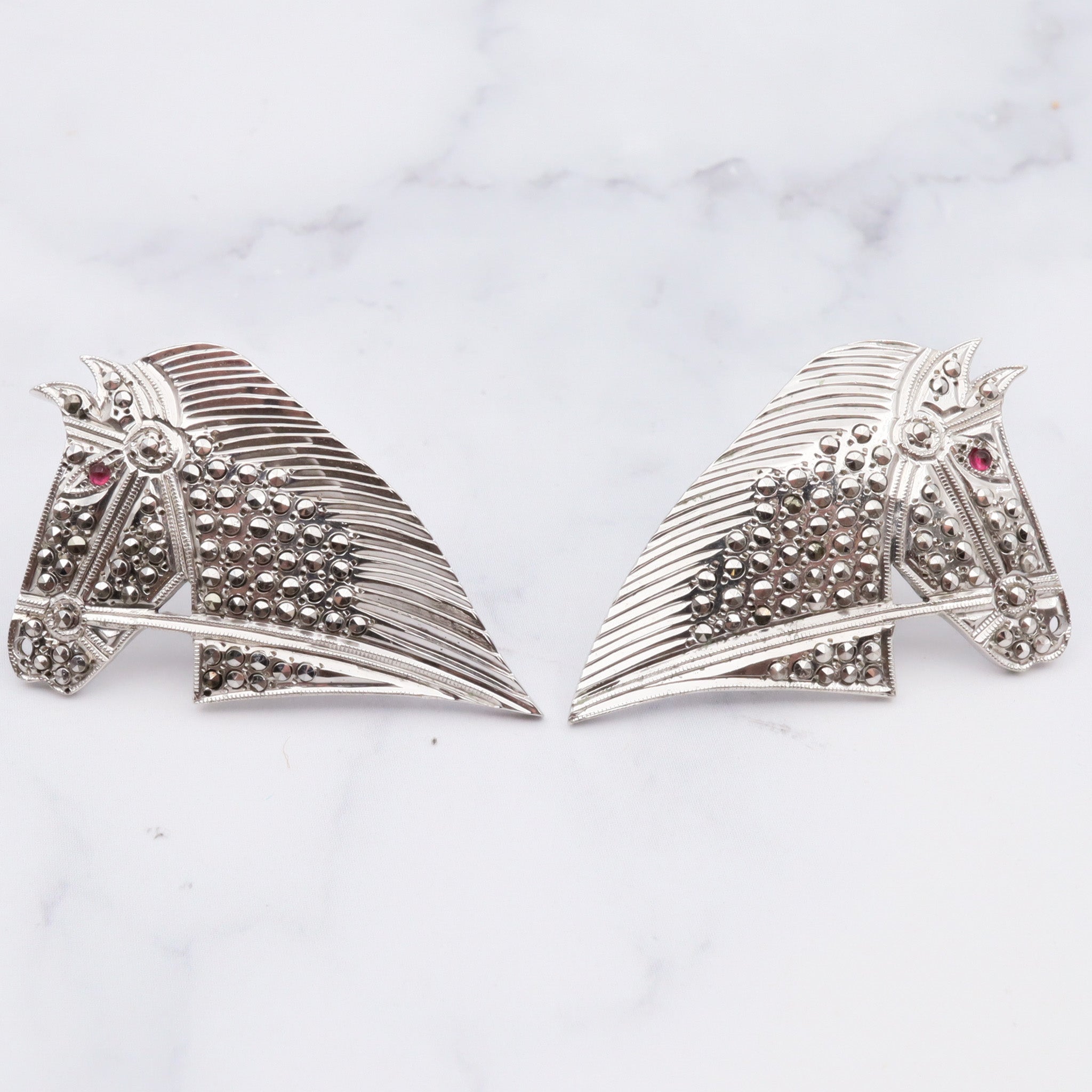 Antique art deco sterling marcasite with faux ruby eyes horse head earrings