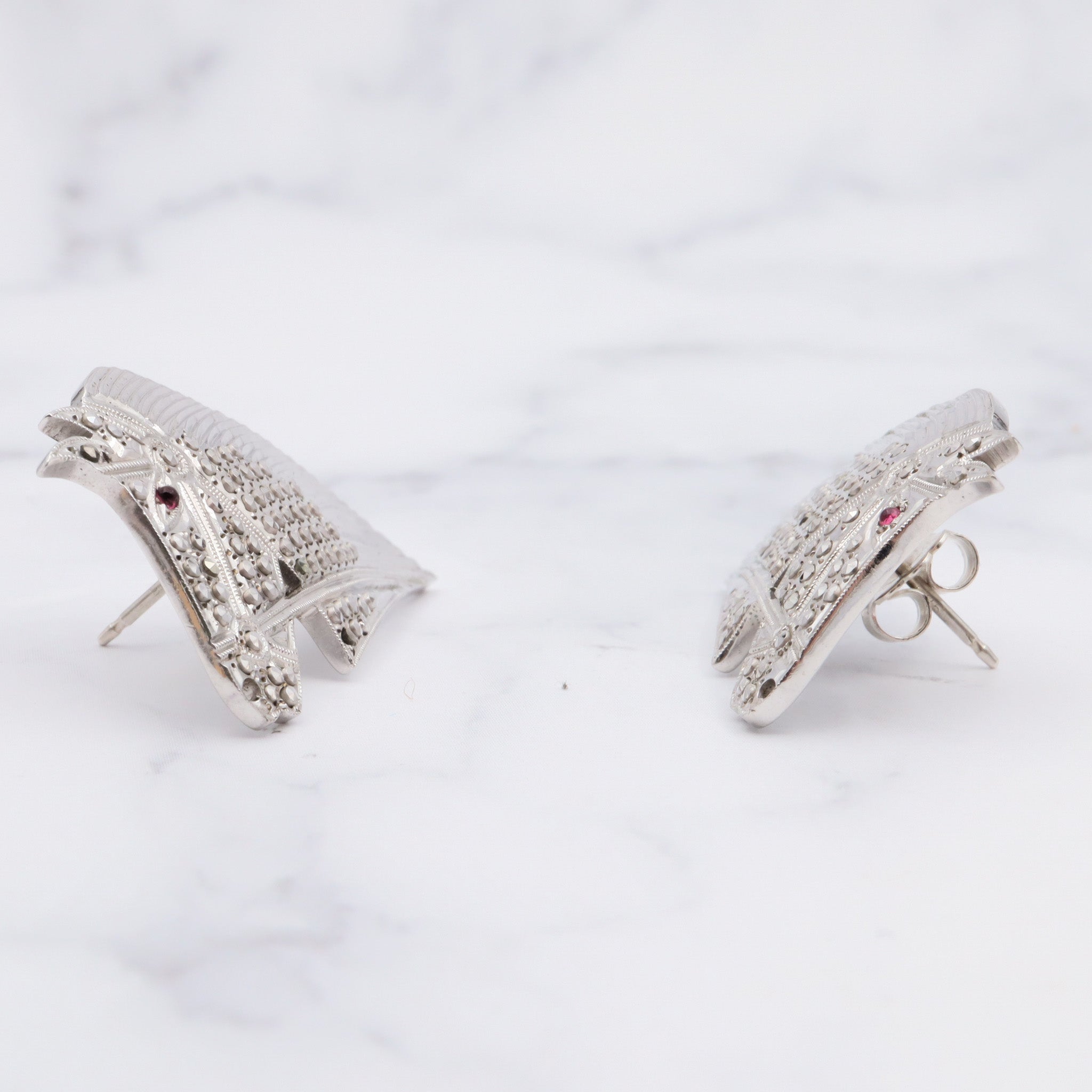 Antique art deco sterling marcasite with faux ruby eyes horse head earrings