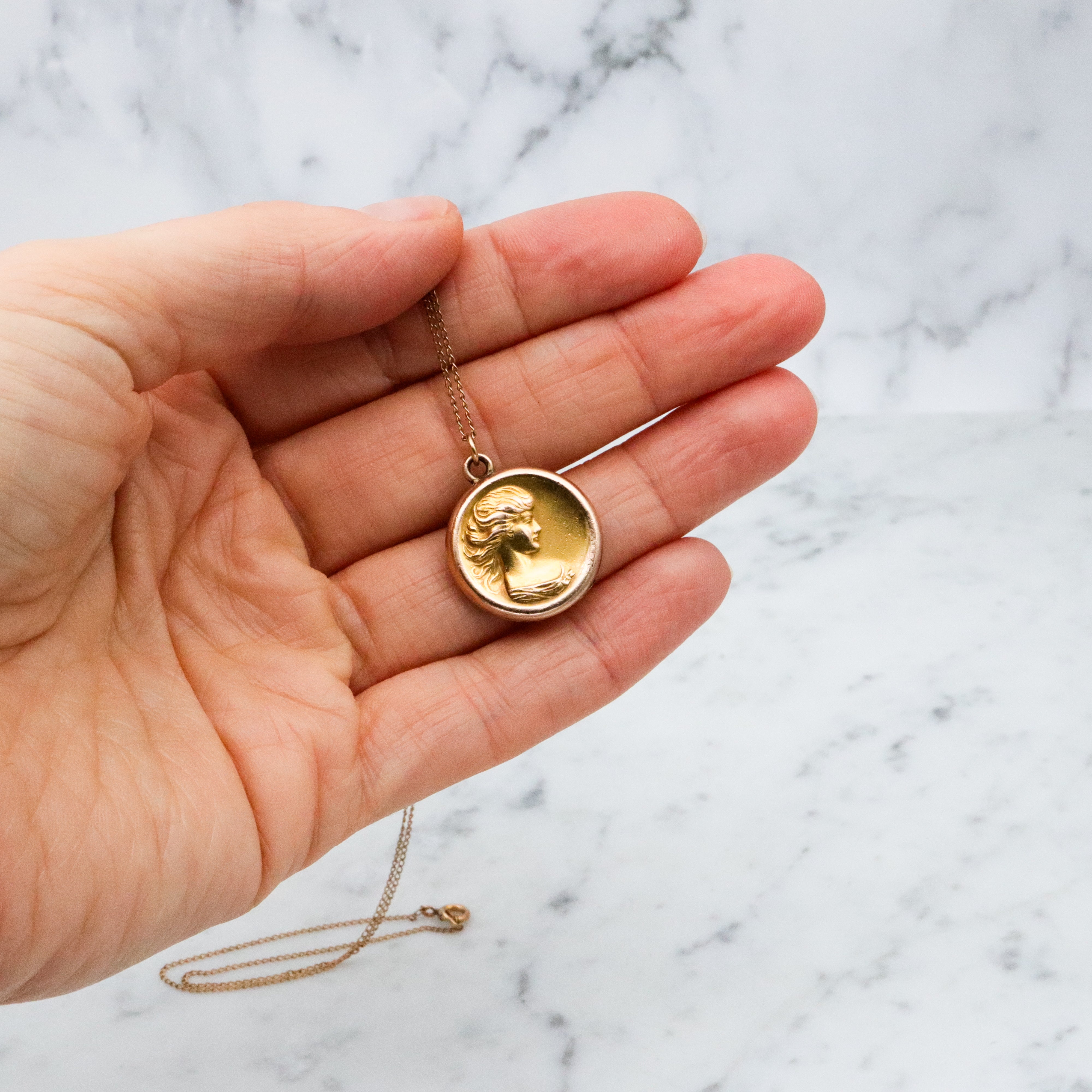 Antique Art Nouveau rolled gold locket w/woman by C.Q. & R.